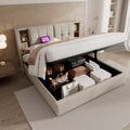 4ft6 Double Bed Frame Upholstered Bed 135 x 190 cm with Wireless Charging (USB Type-C), Hydraulic Bed with Large Storage Space, Linen Fabric, Natural (No Mattress)