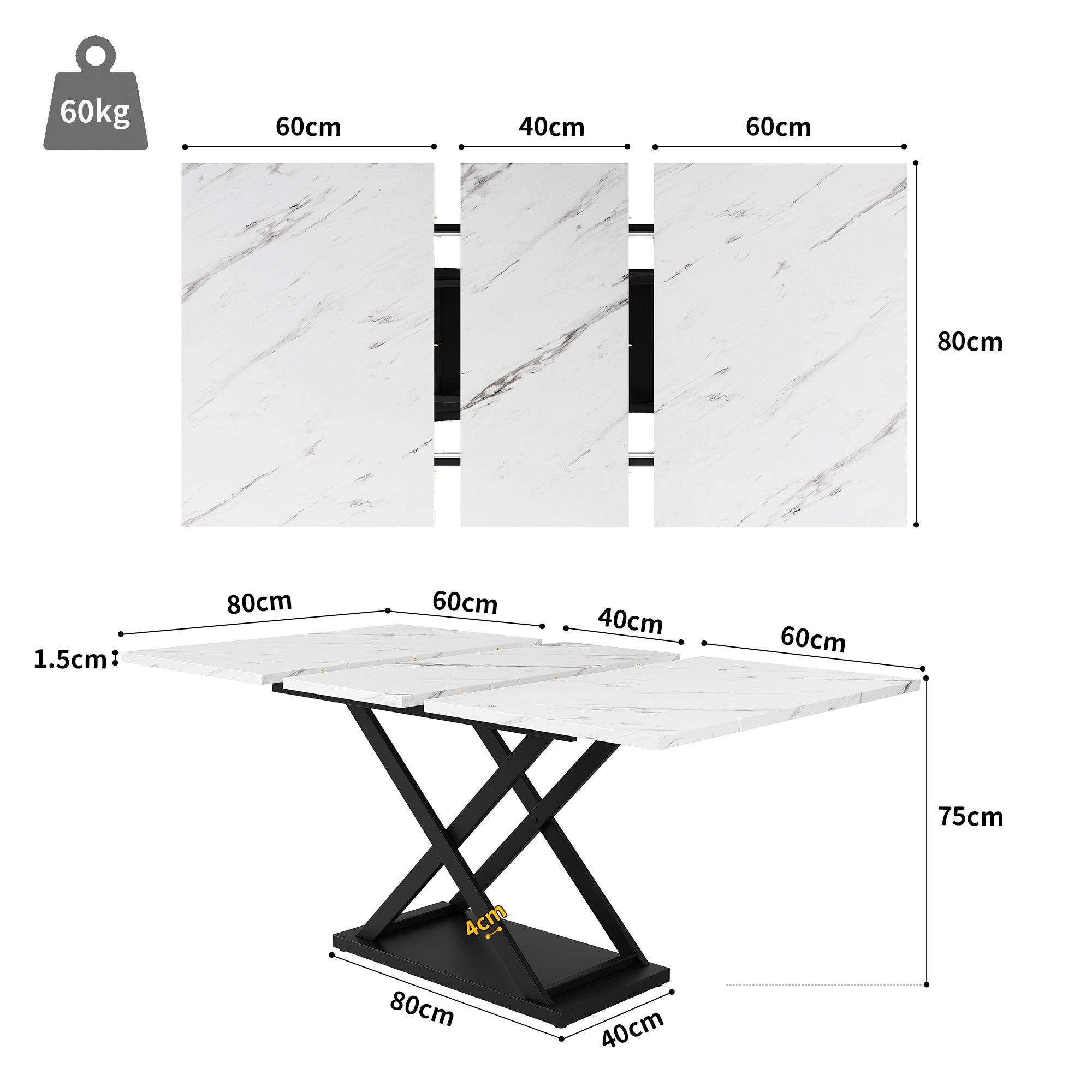 Dining set (5-piece), extendable dining table set for 4 people, 160×80×75cm dining table with 4 dining chairs, black velvet dining chairs, white marble dining table