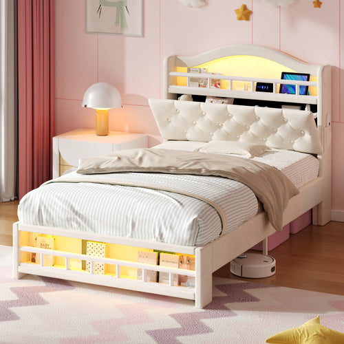 3ft Single Upholstered Velvet Bed Frame, LED Bed Frame with Charging Station & Diamond Tufted Headboard, Concealed Headboard Storage with USB and Type - C Ports, Easy Assembly, Beige (No Mattress)