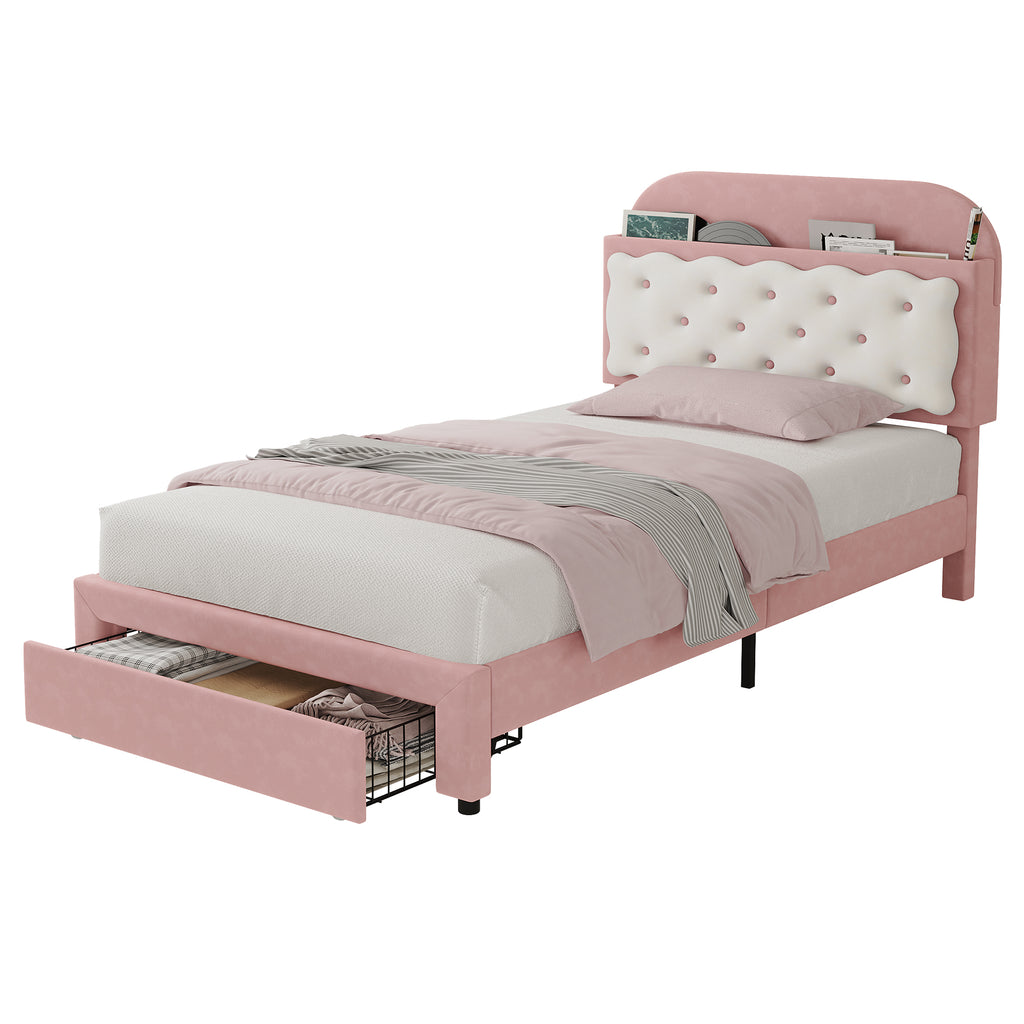 3ft Single Velvet Upholstered Bed Frame, Adjustable Cookie Shaped Storage Headboard with Storage Drawer at Bed End, No Box Spring Needed, Easy Assembly, Pink+ Cream White (No Mattress)