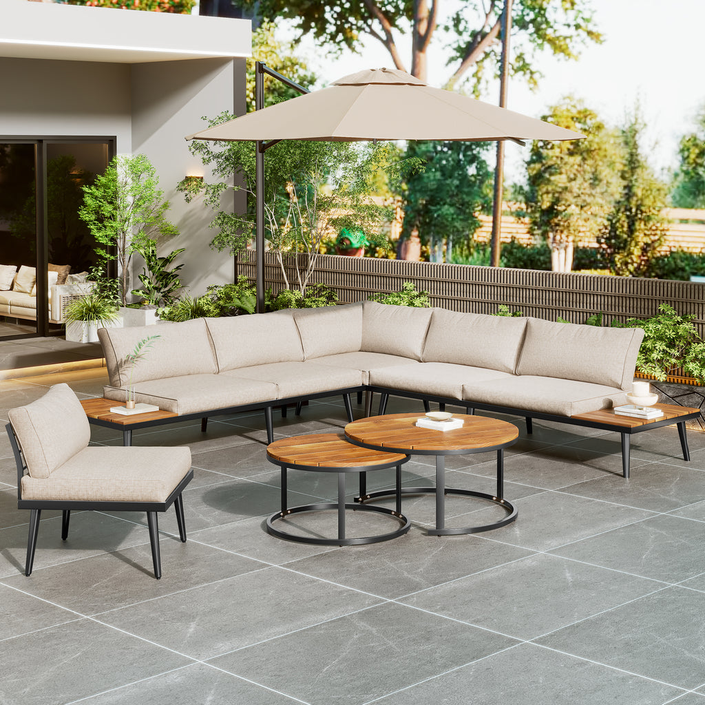 Modular Outdoor Sofa Set with Galvanized Iron Frame, Washable Cushions, Acacia Wood Nesting Tables, for Patio & Garden