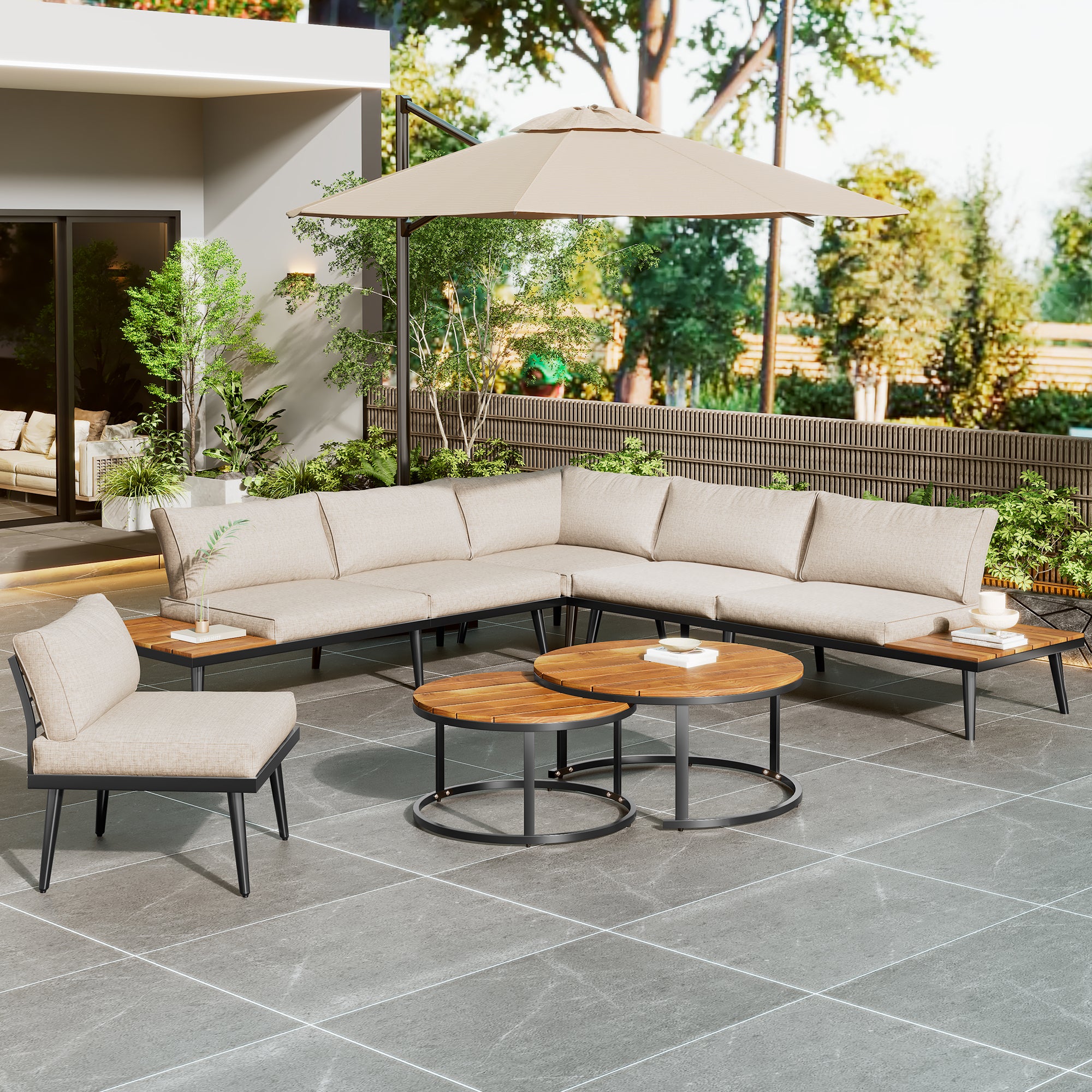 Modular Outdoor Sofa Set with Galvanized Iron Frame, Washable Cushions, Acacia Wood Nesting Tables, for Patio & Garden