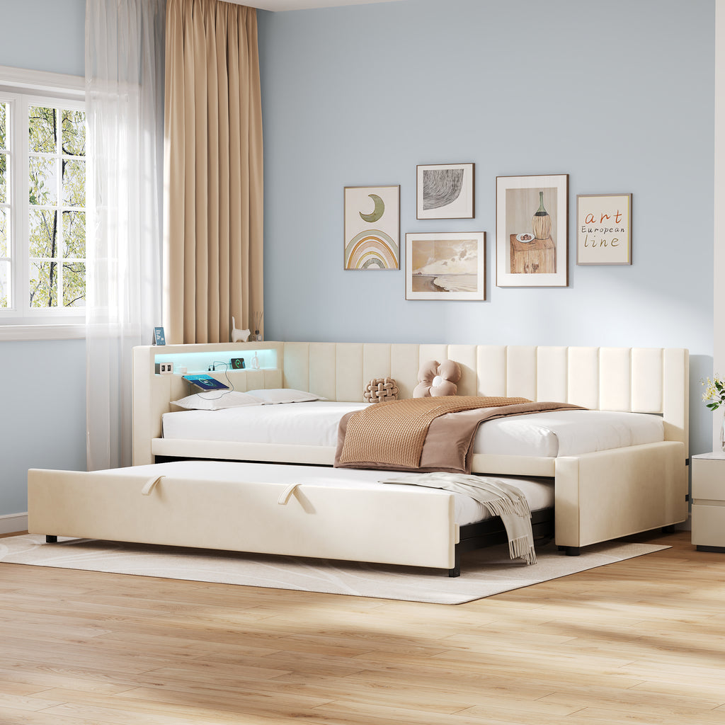 3ft Single Velvet Daybed, Sofa Bed with RGB LED Lights and Charging Station, Upholstered Sofa Bed with Trundle, Pull out Trundle Bed for Living Room, Bedroom or Study, Beige (No Mattress)