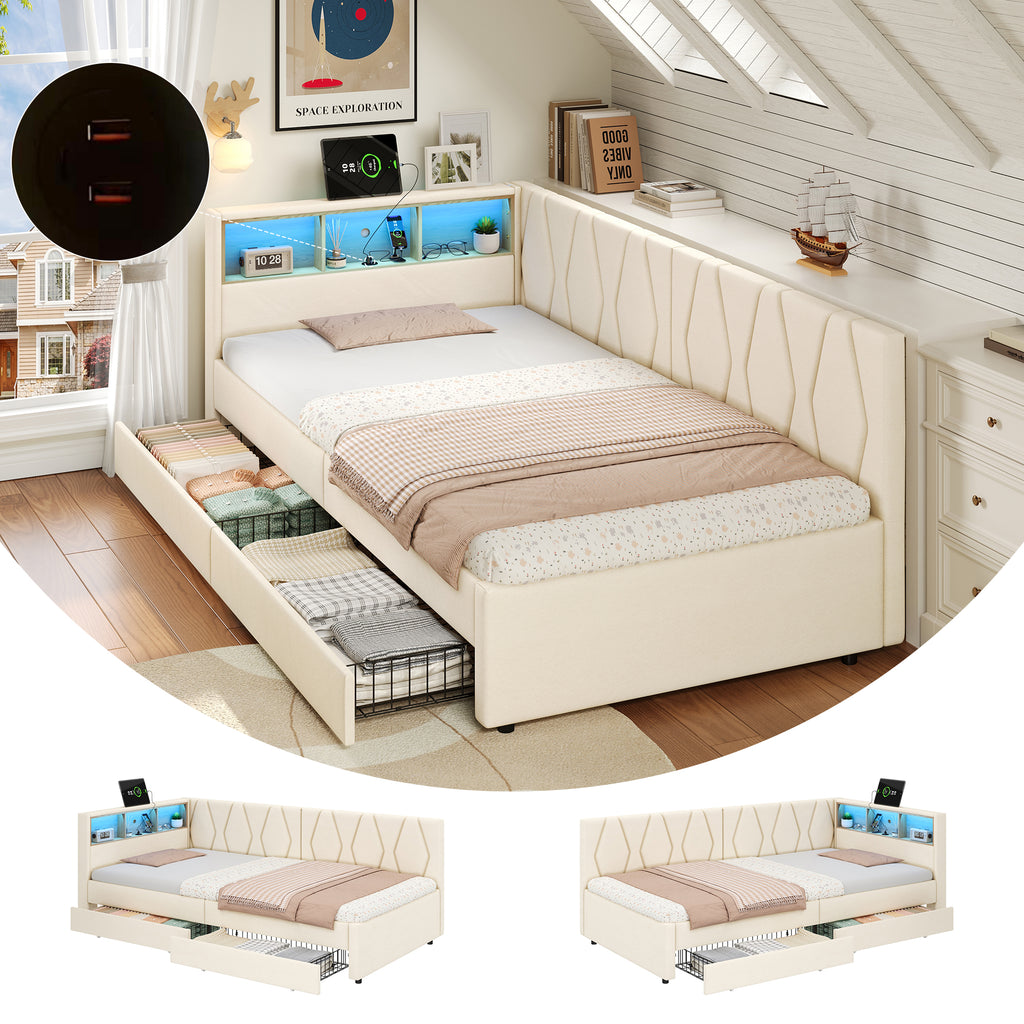 3ft Single Daybed with Two Storage Drawers, LED Modern Bed frame with Charging Station, Linen Sofa Bed for Living Room/ Bedroom/ Study Room, 90X190cm, Easy Assembly, Beige (No Mattress)