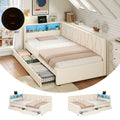 3ft Single Daybed with Two Storage Drawers, LED Modern Bed frame with Charging Station, Linen Sofa Bed for Living Room/ Bedroom/ Study Room, 90X190cm, Easy Assembly, Beige (No Mattress)