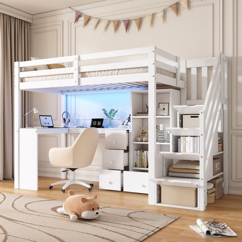 3ft Single Loft Bed with L-Shaped Desk & Storage Stairs, Wooden Bed Frame with Smart RGB LED Lights, Integrated Drawers & Individual Storage Locker, Modern Space-Saving Solution, White (No Mattress)