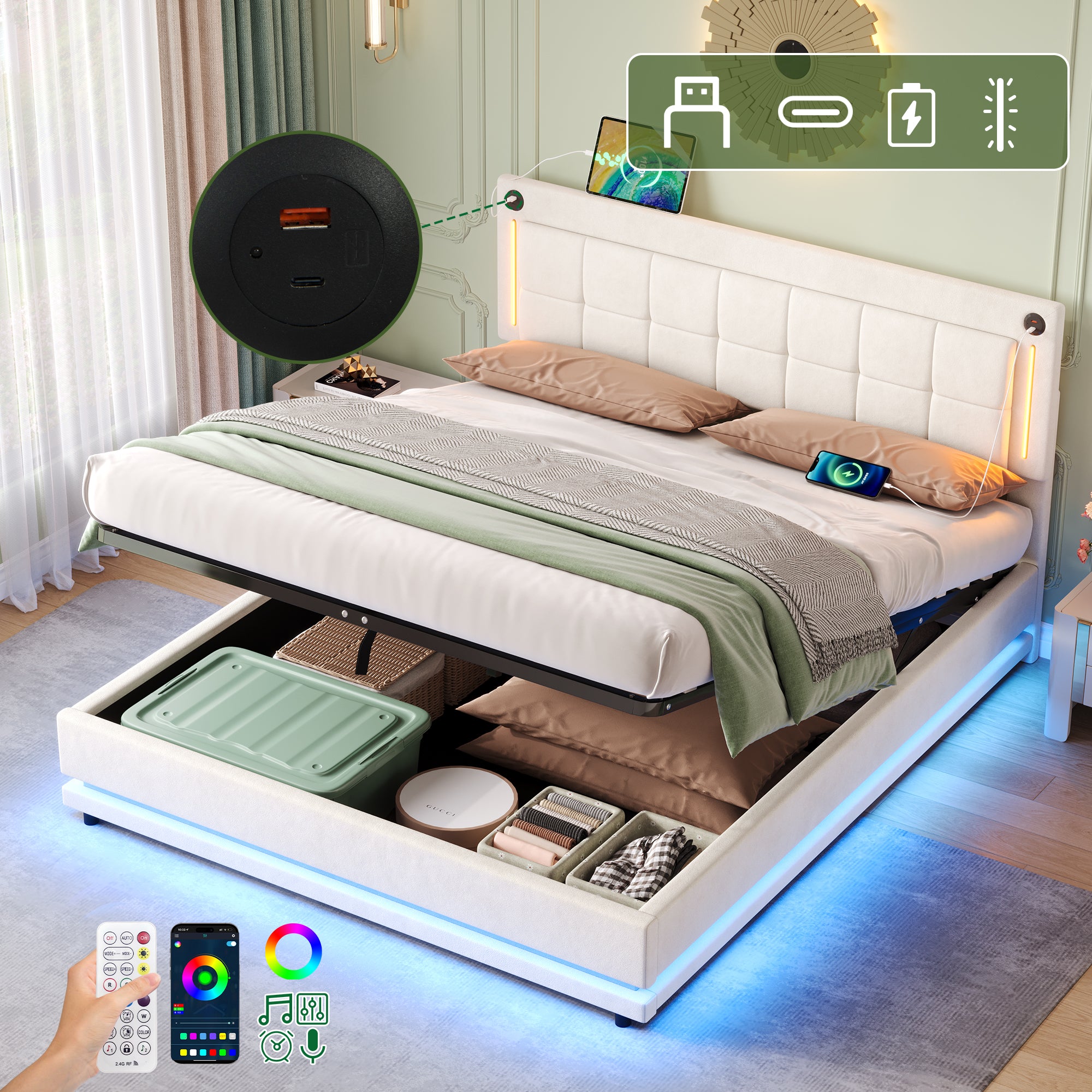 5ft King LED Hydraulic Bed with Charging Station, Adjustable Square Tufted Headboard with Intelligent Control Light, Soft Velvet Bed Frame with USB and Type - C Ports, Beige (No Mattress)