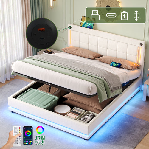 5ft King LED Hydraulic Bed with Charging Station, Adjustable Square Tufted Headboard with Intelligent Control Light, Soft Velvet Bed Frame with USB and Type - C Ports, Beige (No Mattress)