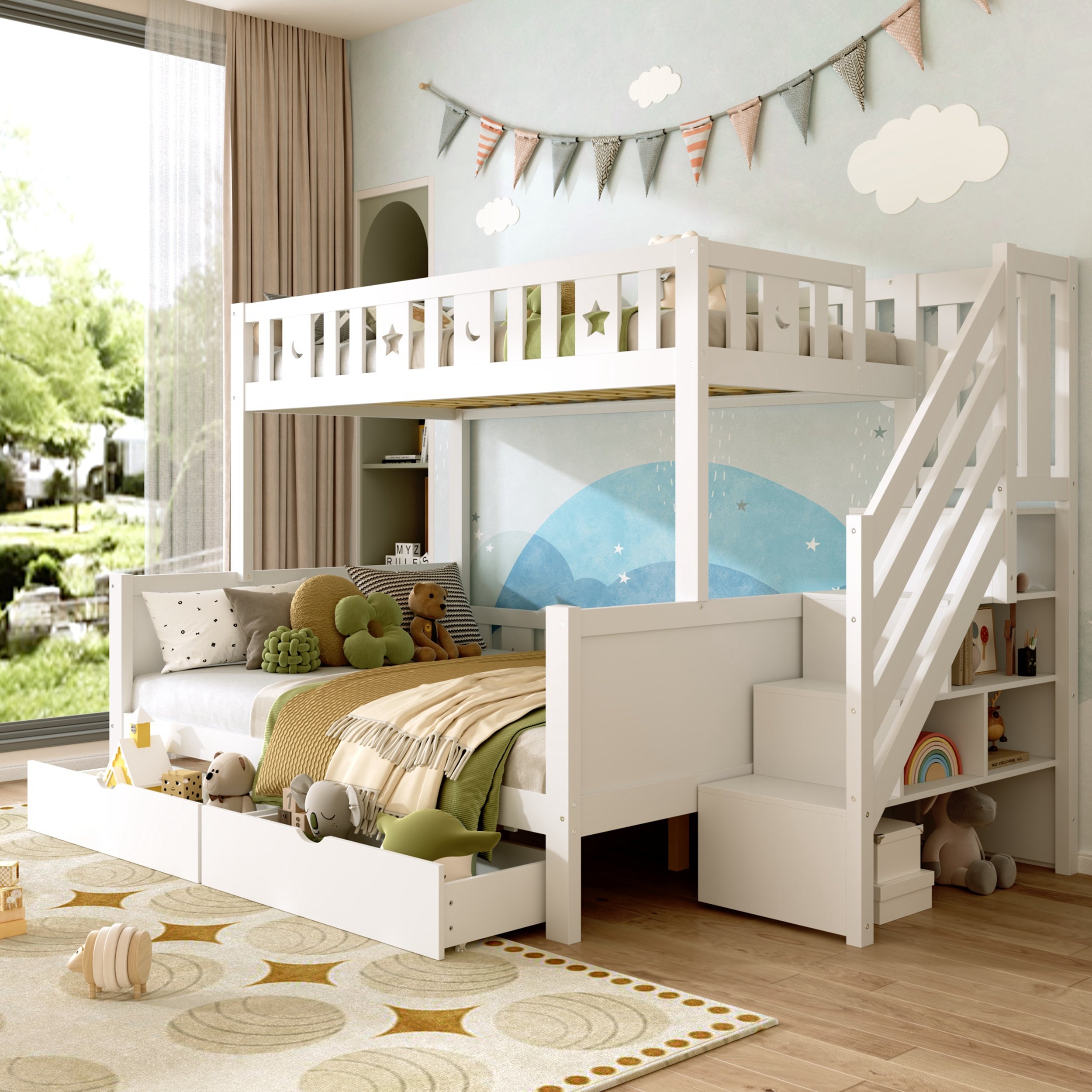 Bunk Bed with Two Storage Drawers and Side Hidden Storage Compartments, Solid Wood Loft Bed Frame with Space-Saving Design, Safety Guardrails & Staircase, Star and Moon Motifs, White (No Mattress)