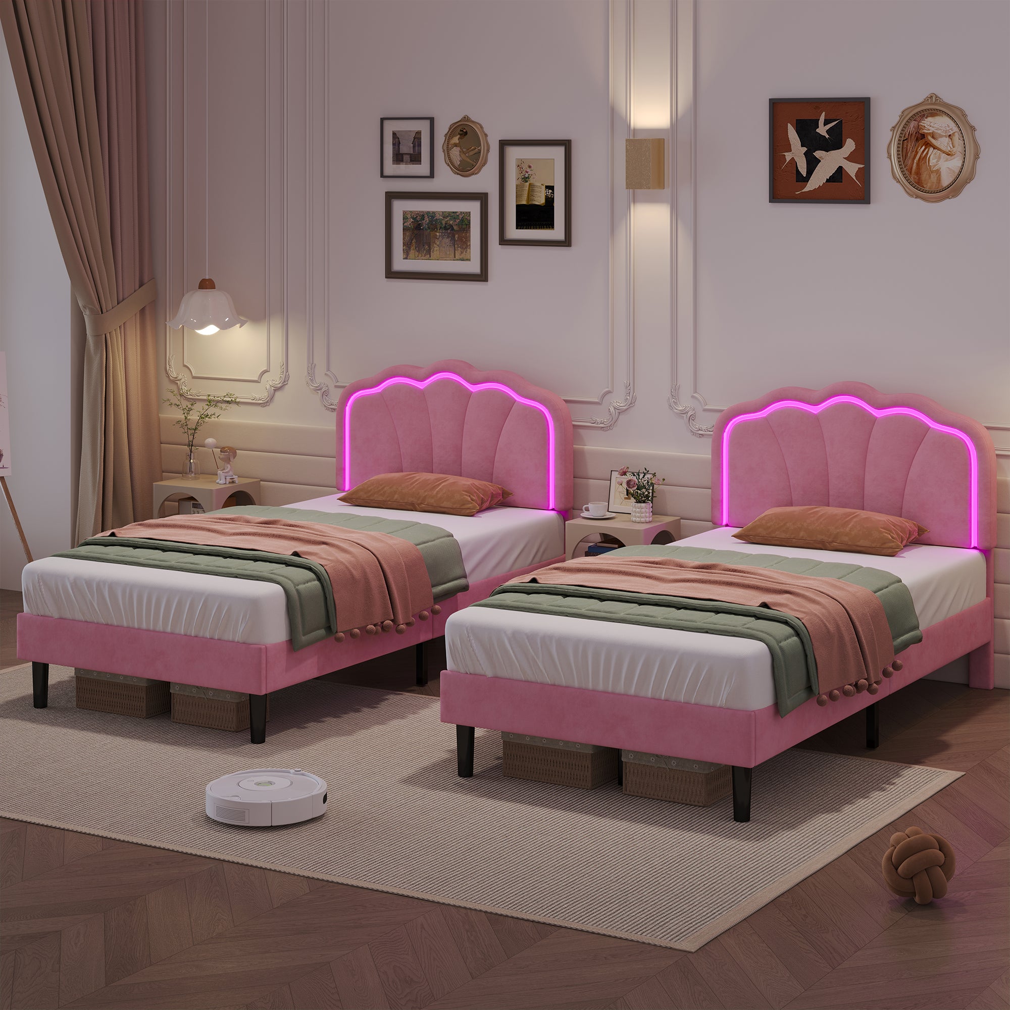 3ft Single Upholstered Bed with LED Adjustable Shell Shape Headboard, Soft Velvet Bed Frame with Solid Wood Slat, No Box Spring Needed, Easy Assembly, Pink (No Mattress)