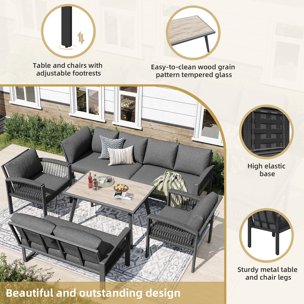 Garden Lounge Set, Furniture Set for 8 People, Ropework, Large Table with Wood Grain Finish, Galvanized Iron Frame, Adjustable Legs, All Seat and Back Cushions Included, Gray