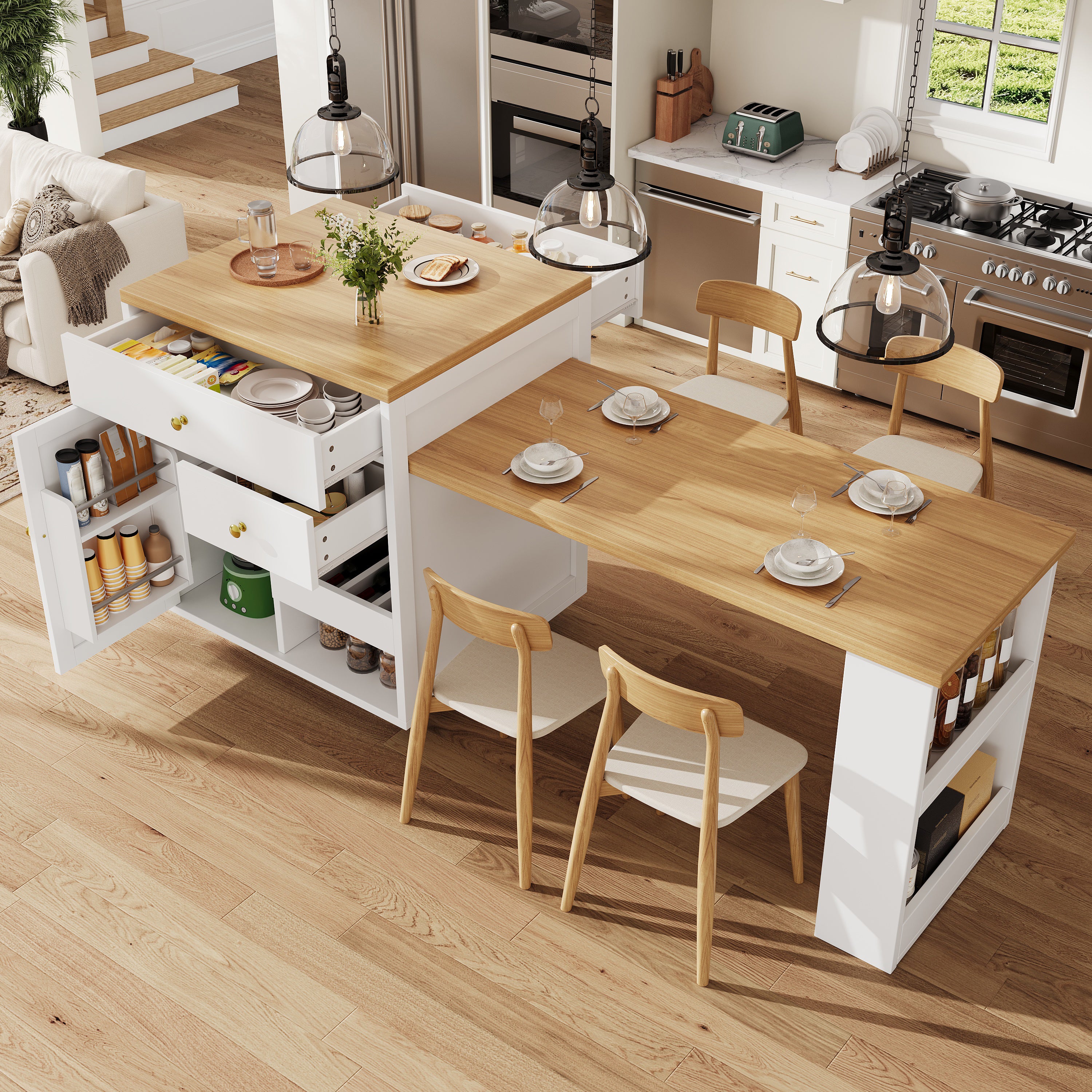 Extendable bar table with storage (122.5-195.5×70×93.8cm), with three drawers and wine rack, kitchen island with extendable table, for 2-6 people, kitchen dining cart with side shelves, white