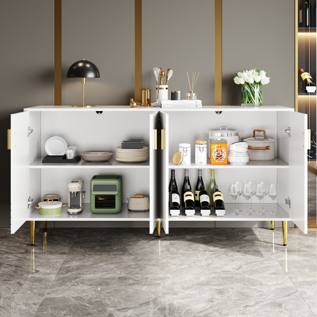 White sideboard (152 x 40 x 75 cm) with unique wave design and golden handles and feet, creating an elegant dining area