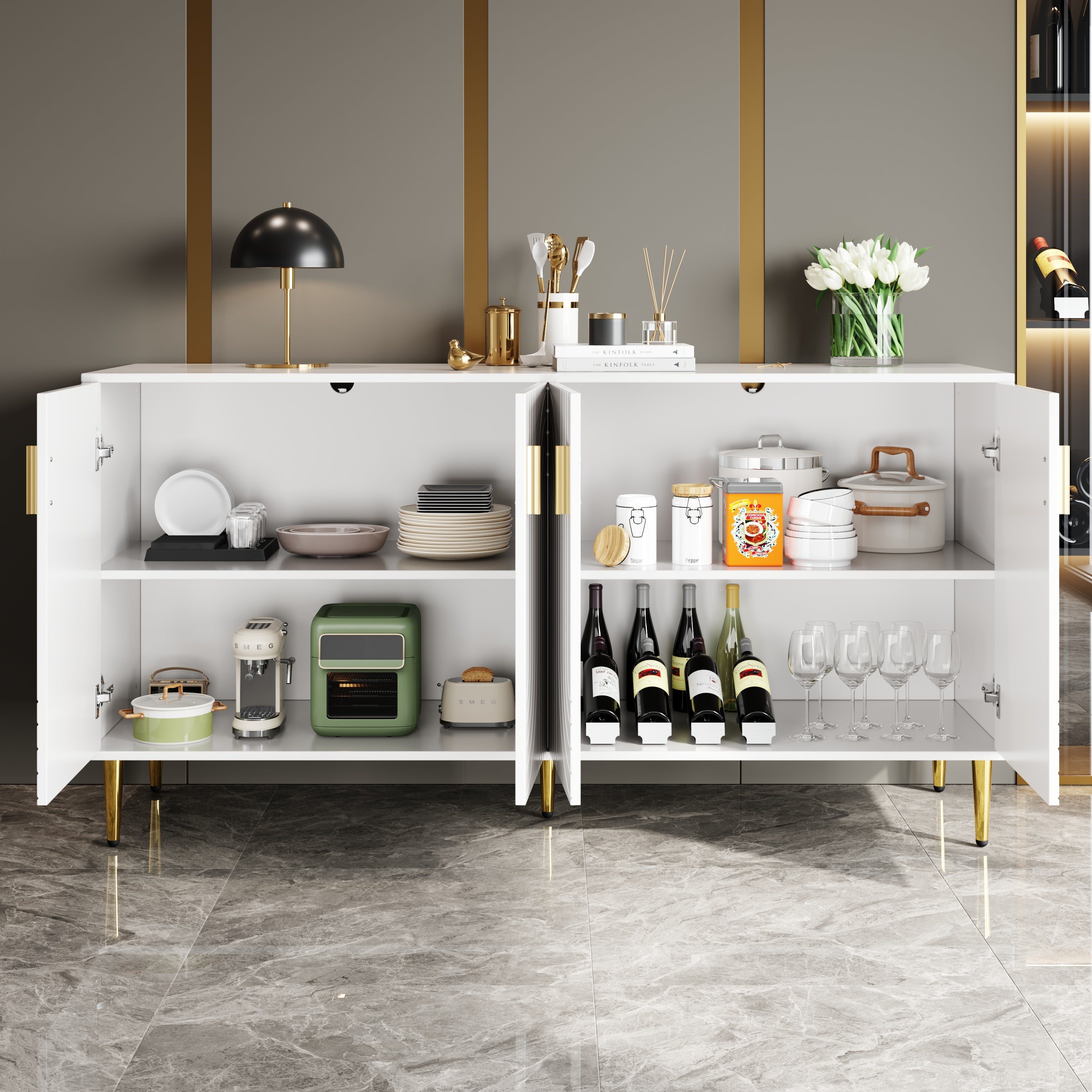 White sideboard (152 x 40 x 75 cm) with unique wave design and golden handles and feet, creating an elegant dining area