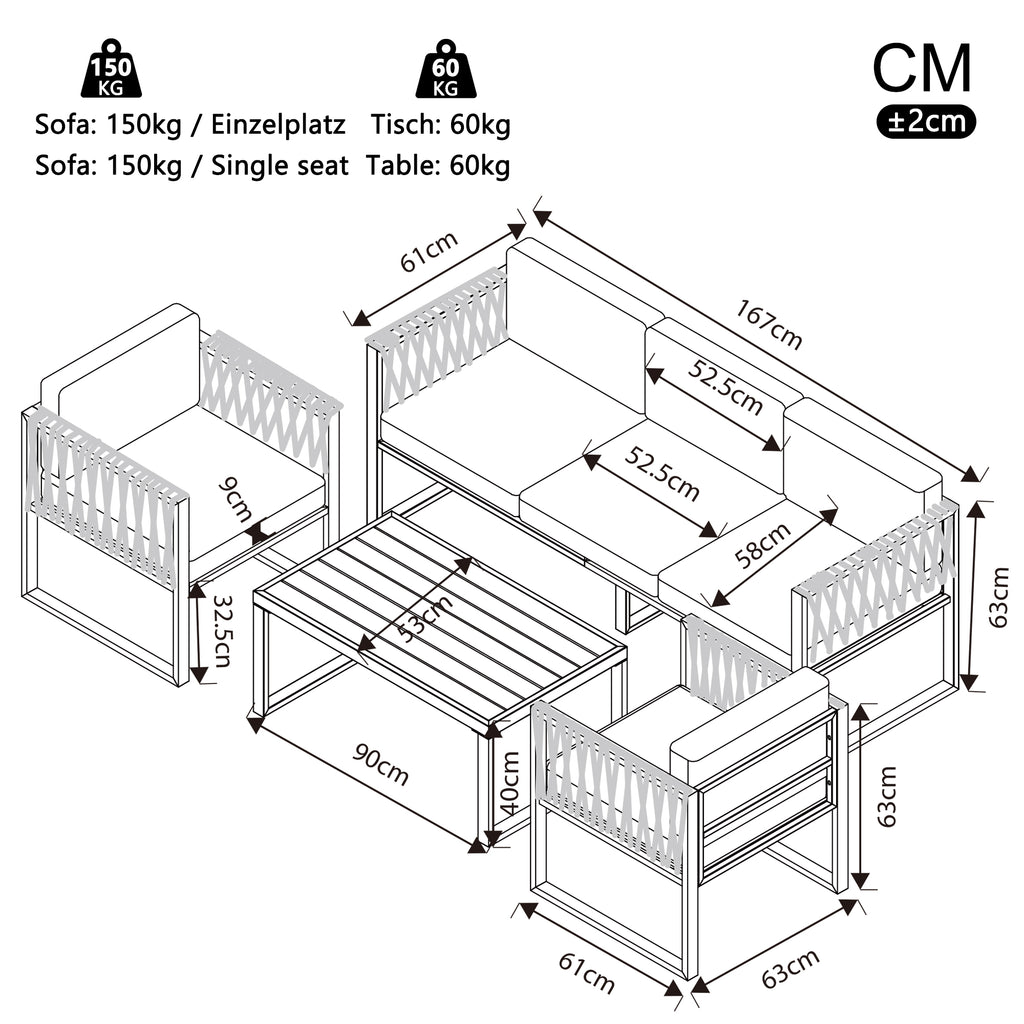 Garden Furniture Set Outdoor Sofa 5-Seater, Garden Lounge Set with Adjustable Feet, Cushions and Stainless Metal Frame for Balcony Terrace, Gray