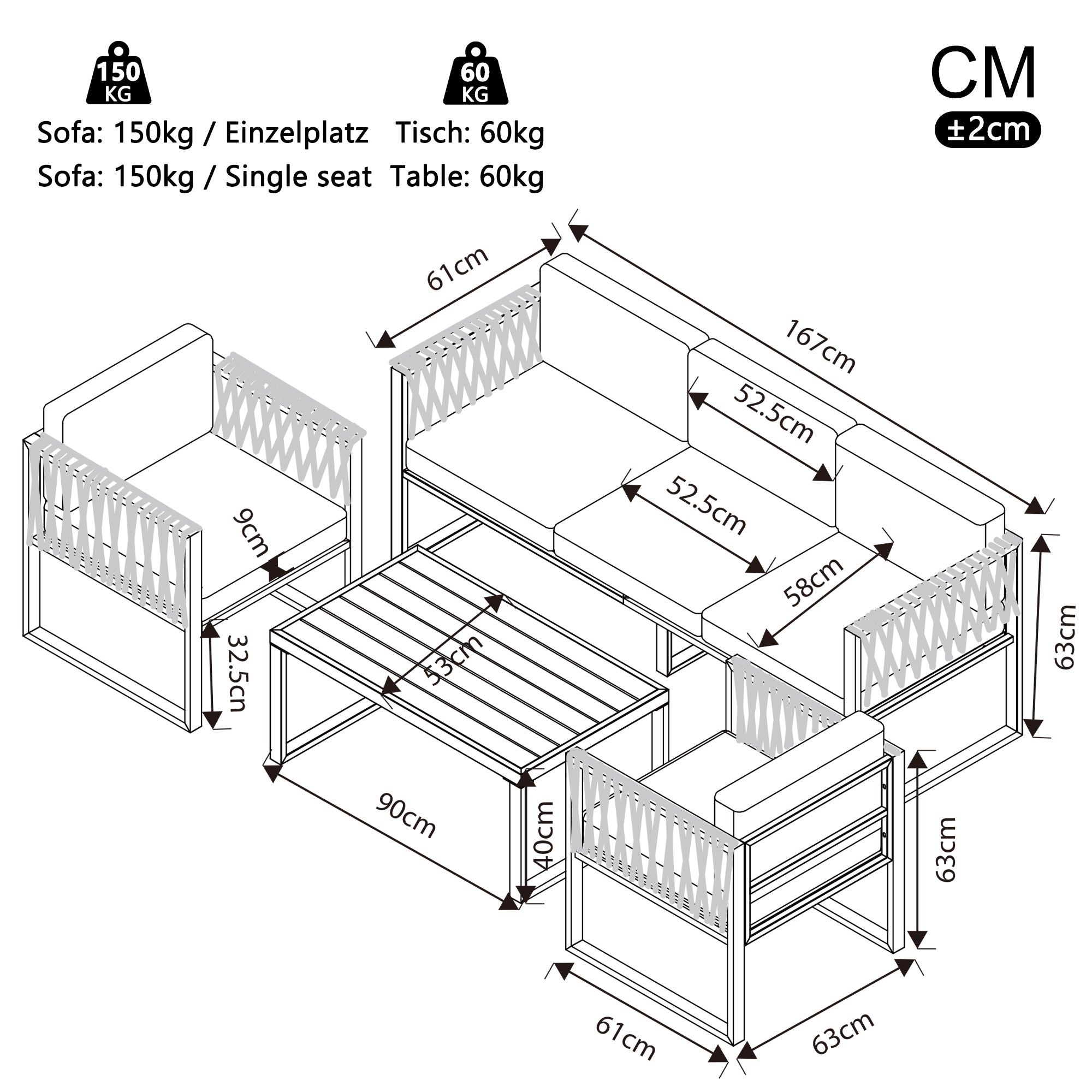 Garden Furniture Set Outdoor Sofa 5-Seater, Garden Lounge Set with Adjustable Feet, Cushions and Stainless Metal Frame for Balcony Terrace, Gray
