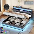 6ft Super King Upholstered Bed Frame with Hydraulic Storage,  LED Headboard with Charging Station and Concealed Headboard Storage, USB and Type - C Ports, Linen,  Grey (No Mattress)