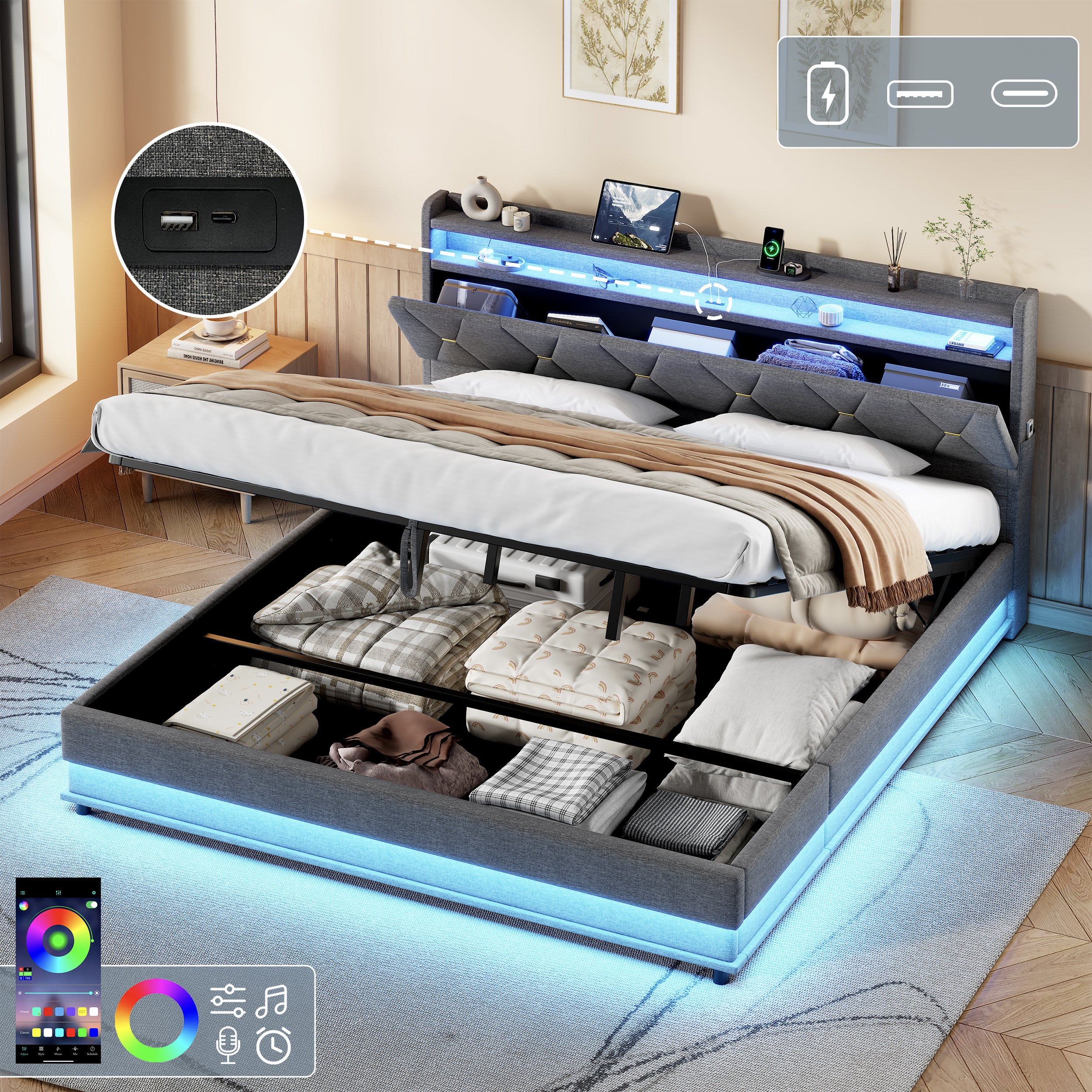 6ft Super King Upholstered Bed Frame with Hydraulic Storage,  LED Headboard with Charging Station and Concealed Headboard Storage, USB and Type - C Ports, Linen,  Grey (No Mattress)