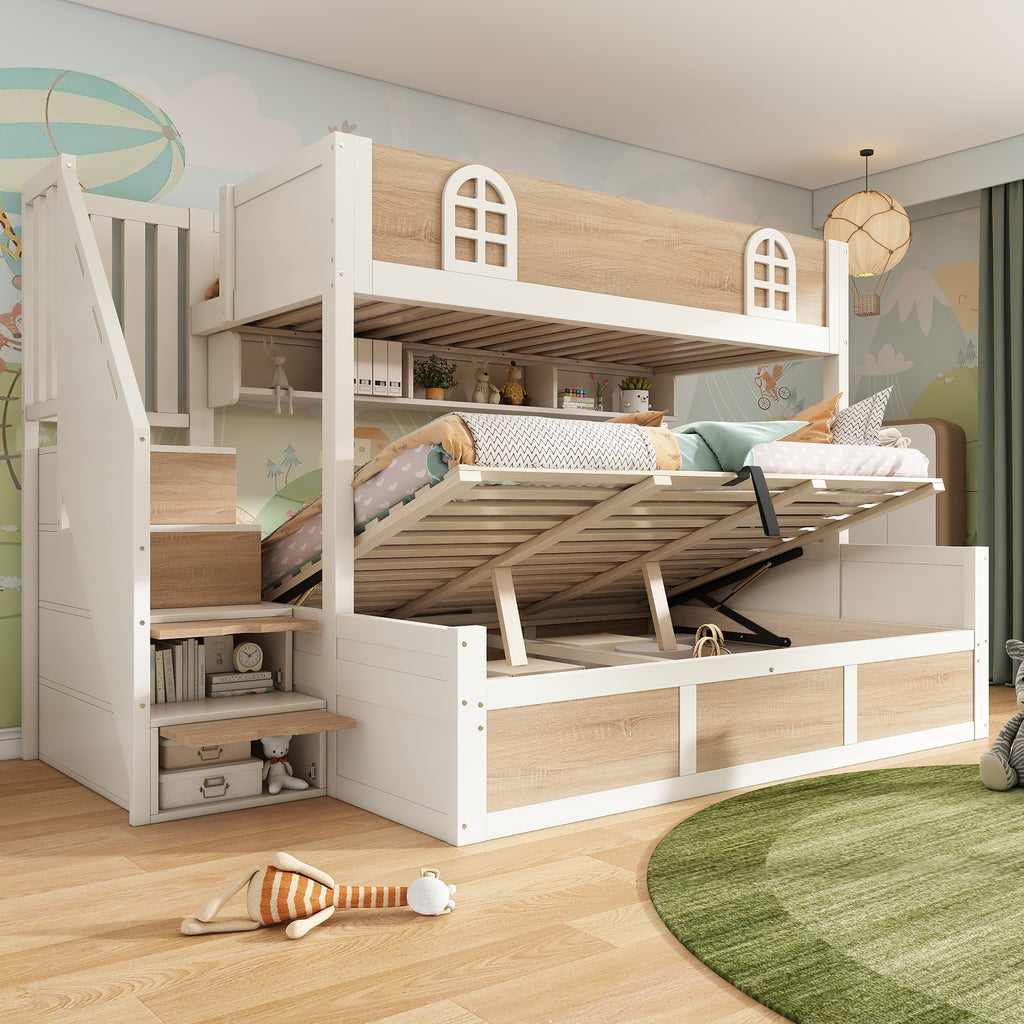 Bunk Beds for Kids, Staircase Bunk with Hydraulic Storage, Children's Bed with Storage Cube, Double Bunk Bed for Family with Multiple Children, (90+135) x 190 cm, Solid Wood, White & Natural