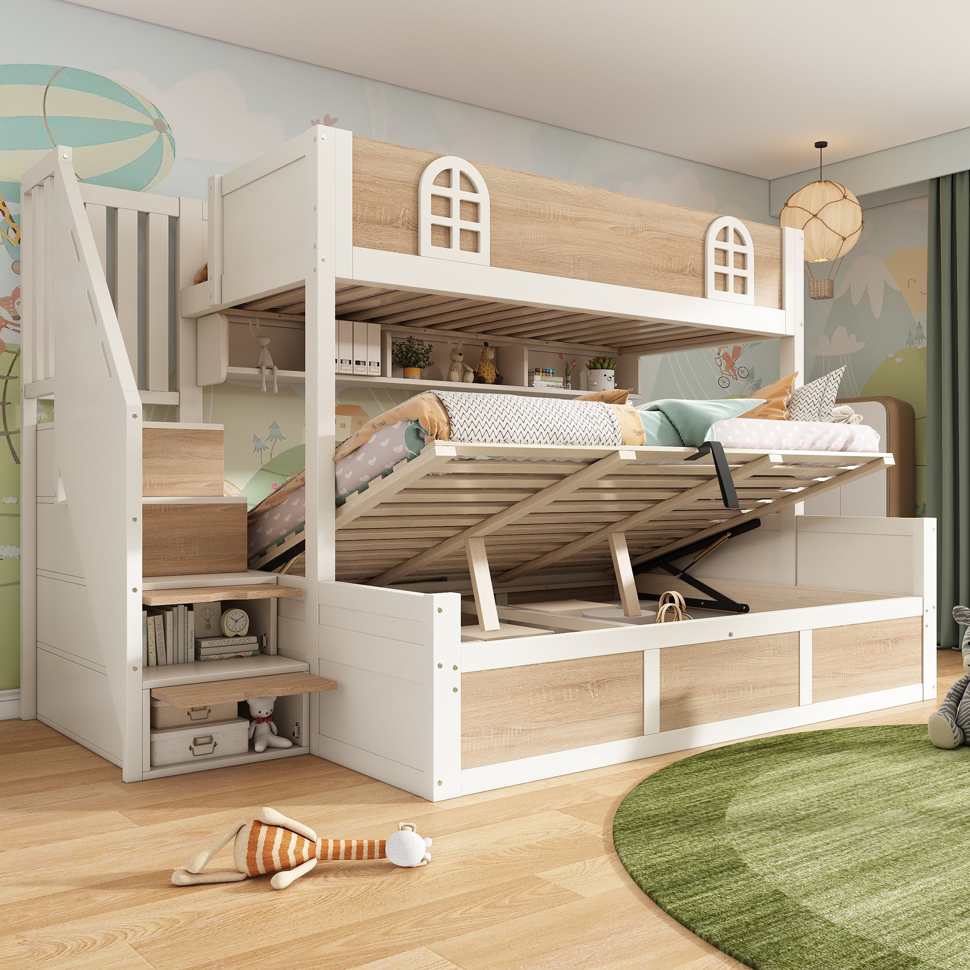 Bunk Beds for Kids, Staircase Bunk with Hydraulic Storage, Children's Bed with Storage Cube, Double Bunk Bed for Family with Multiple Children, (90+135) x 190 cm, Solid Wood, White & Natural
