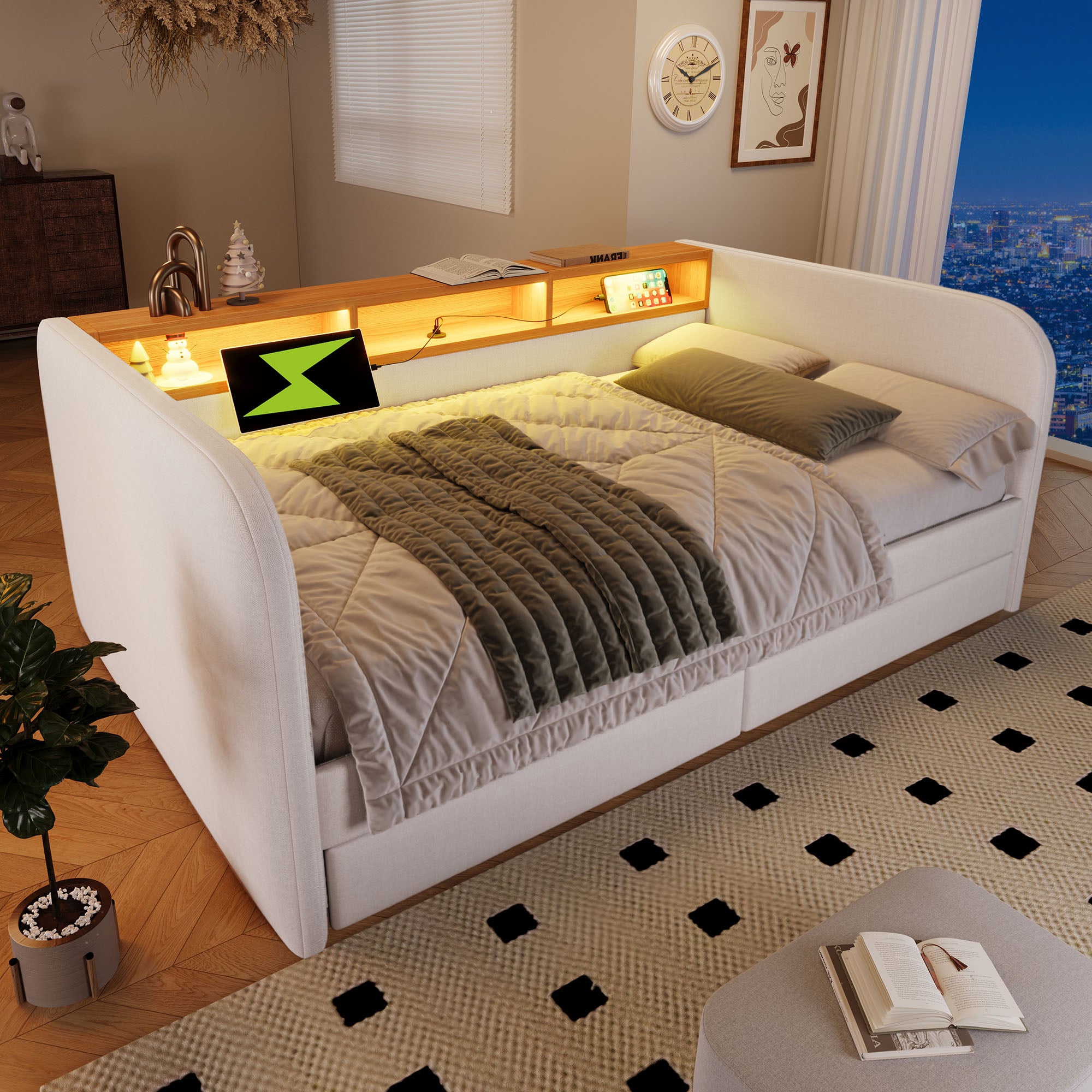 Upholstered Daybed with Headboard Storage, 90 x 190 cm Single Sofa Bed with LED and USB Type-C Reading Light, 3FT Daybed with 2 Drawers, Linen, Beige (Without Mattress)