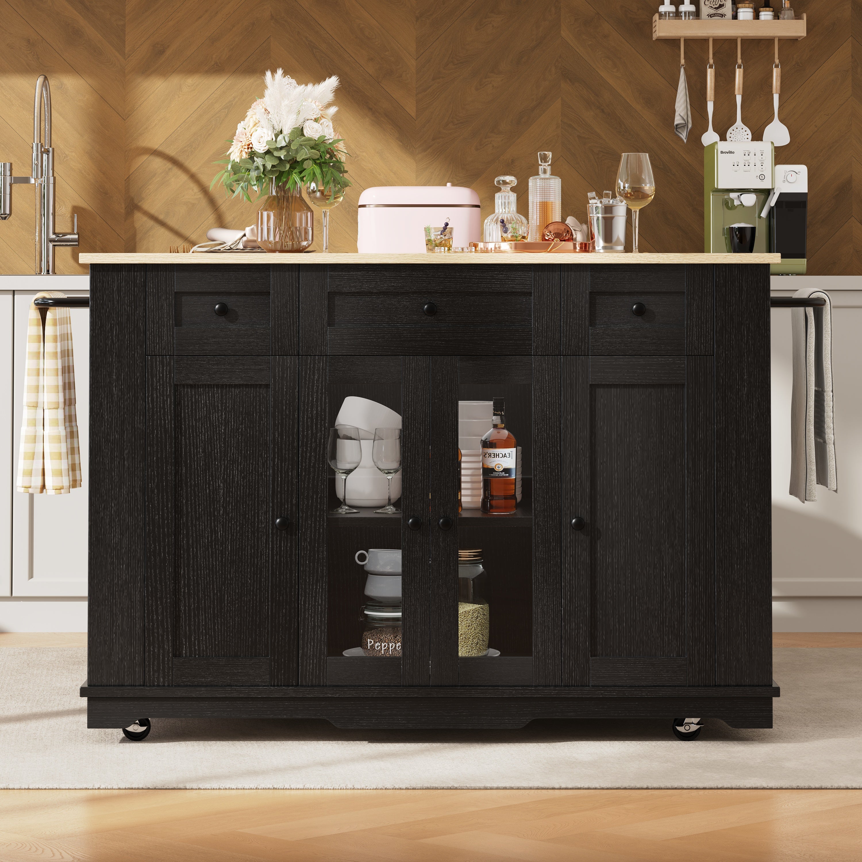 Kitchen island, (151.5x60x91.7cm)removable partitions, kitchen cabinet, dining trolley with worktop, sideboard, dining trolley with wood grain finish, sideboard, tempered glass cabinet, white/black