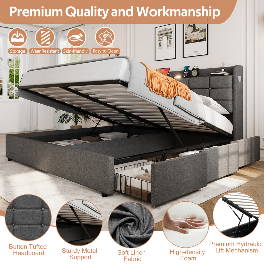 5ft King Bed Frame with Hydraulic Storage, Linen Upholstered  Bed with Concealed Headboard Storage and Drawers, Button Tufted Headboard with Charging Station and LED Night Light, Grey (No Mattress)