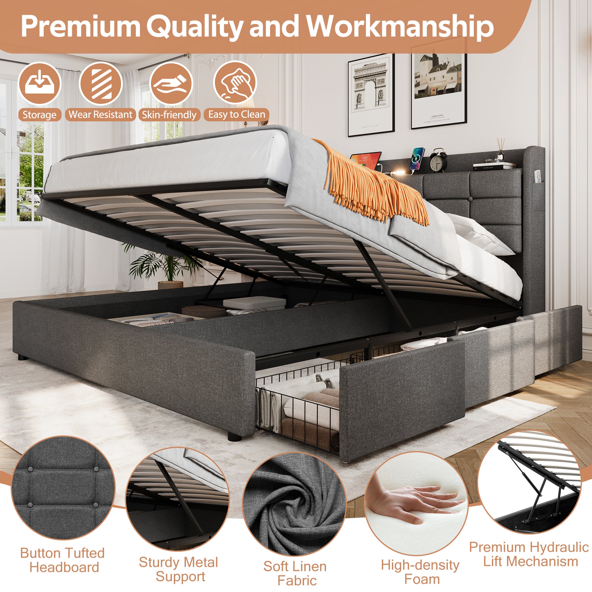 5ft King Bed Frame with Hydraulic Storage, Linen Upholstered  Bed with Concealed Headboard Storage and Drawers, Button Tufted Headboard with Charging Station and LED Night Light, Grey (No Mattress)