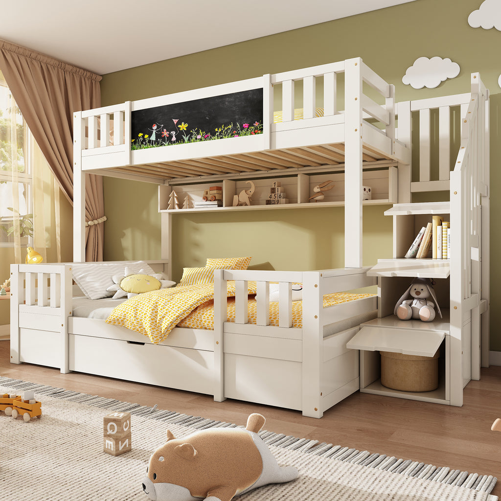 Bunk Beds for Kids, Staircase Bunk with Drawers and Chalkboard, Children's Bed with Storage Space, Double Bunk Bed for Family with Multiple Children, (90+135) x 190 cm, Solid Wood, White
