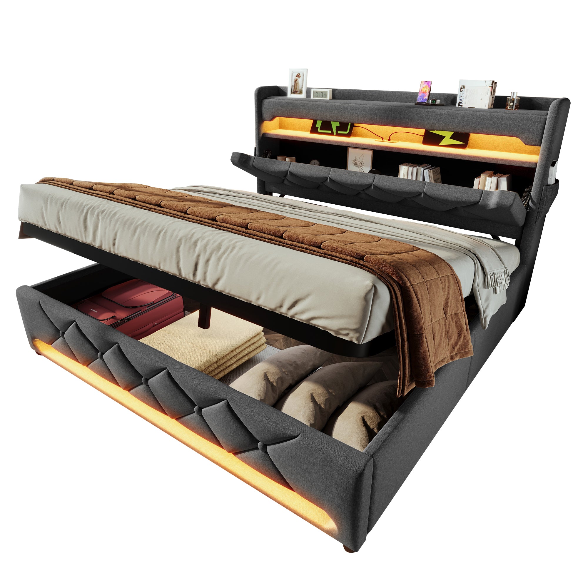 Upholstered Bed 180 x 200 cm with LED Lighting, USB Type-C Charging, Storage Headboard for Cellphones and Tablets, 6ft Hydraulic Storage Bed with Metal Slatted Frame, Linen, Grey (No Mattress)