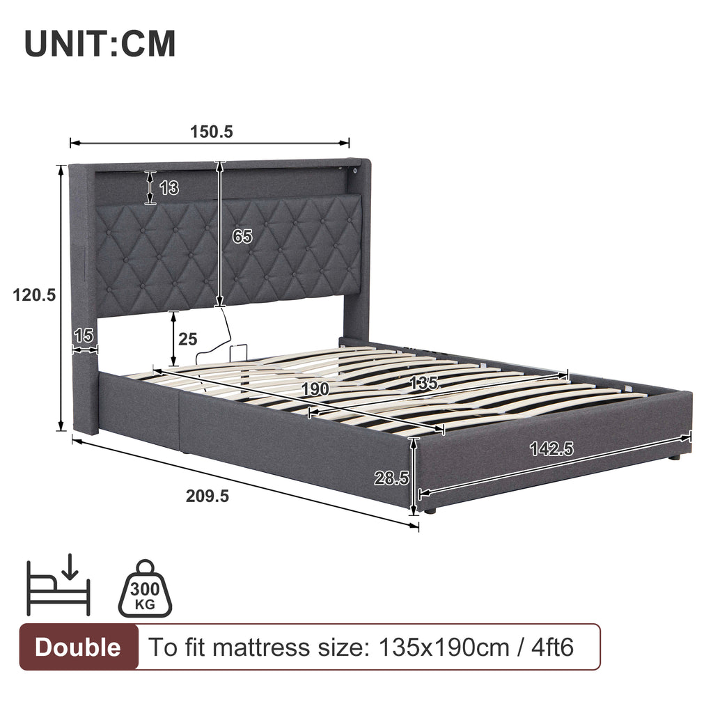 4ft6 Double Upholstered Bed Frame with Hydraulic Storage, Linen Ottoman Bed with LED Lighting, Button Tufted Storage Headboard with Charging Station, No Box Spring Needed, Grey (No Mattress)