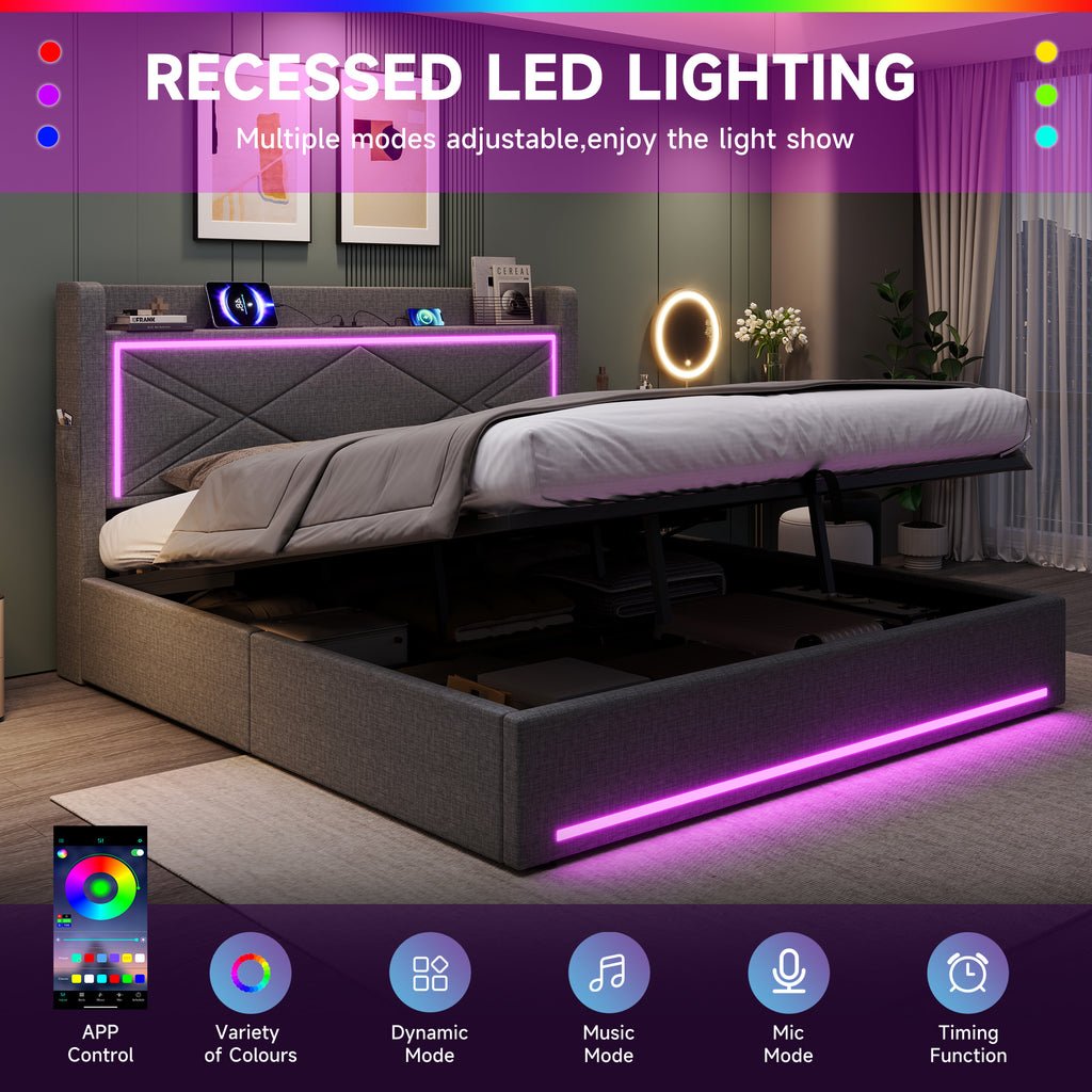 6ft Super King Upholstered Bed Frame with Hydraulic Storage,  Linen Ottoman Bed with LED Lighting and Charging Station, USB and Type - C Ports, No Box Spring Needed, Grey (No Mattress)