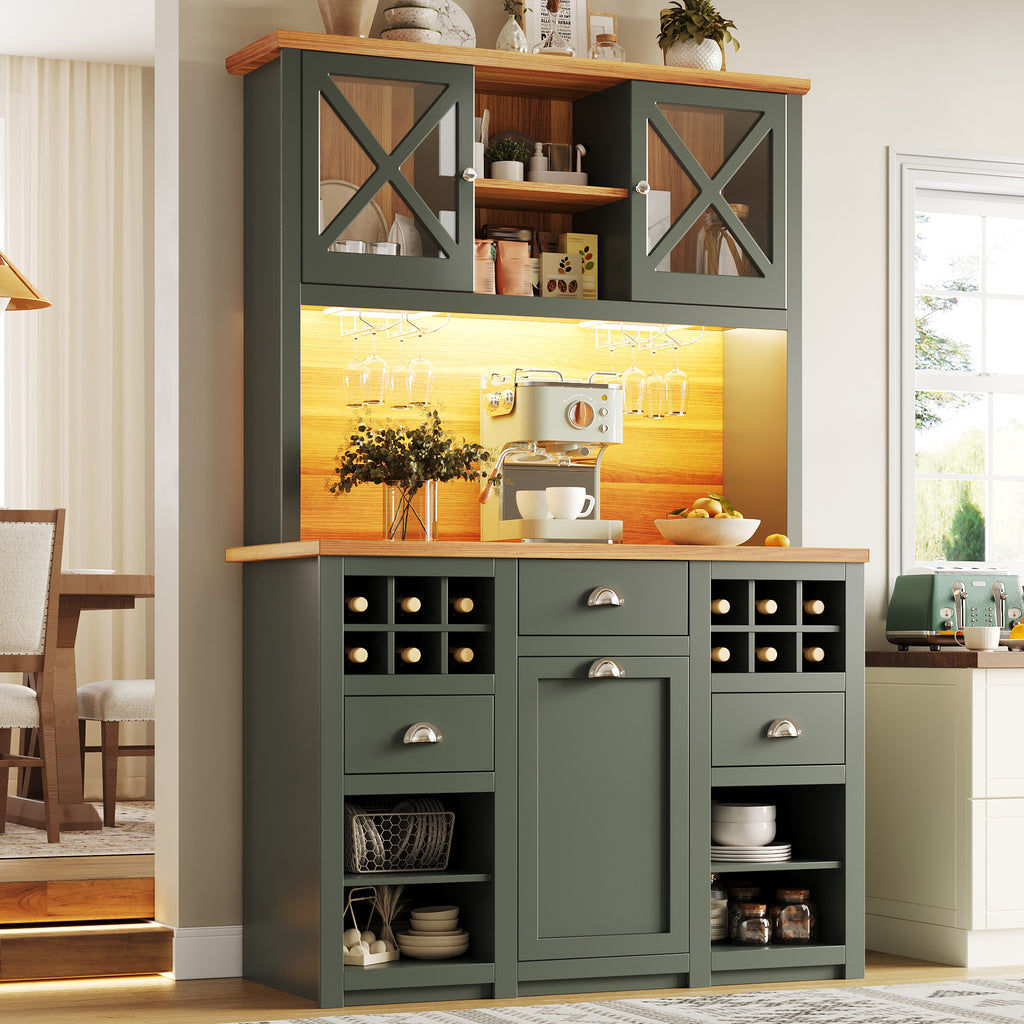 Kitchen cabinets (120 x 45 x 188 cm), tall kitchen cabinets, sideboards, kitchen cabinets with glass doors and LED lighting, side cabinet with wine rack, adjustable shelves, green