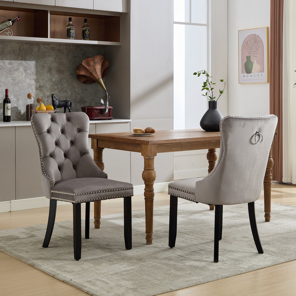 Modern Set of 2 Upholstered Velvet Dining Chairs, Button Tufted Kitchen Lounge Chairs with Solid Wood Legs, Riveted Trim and Knocker Ring, for Dining Room Living Room, Grey