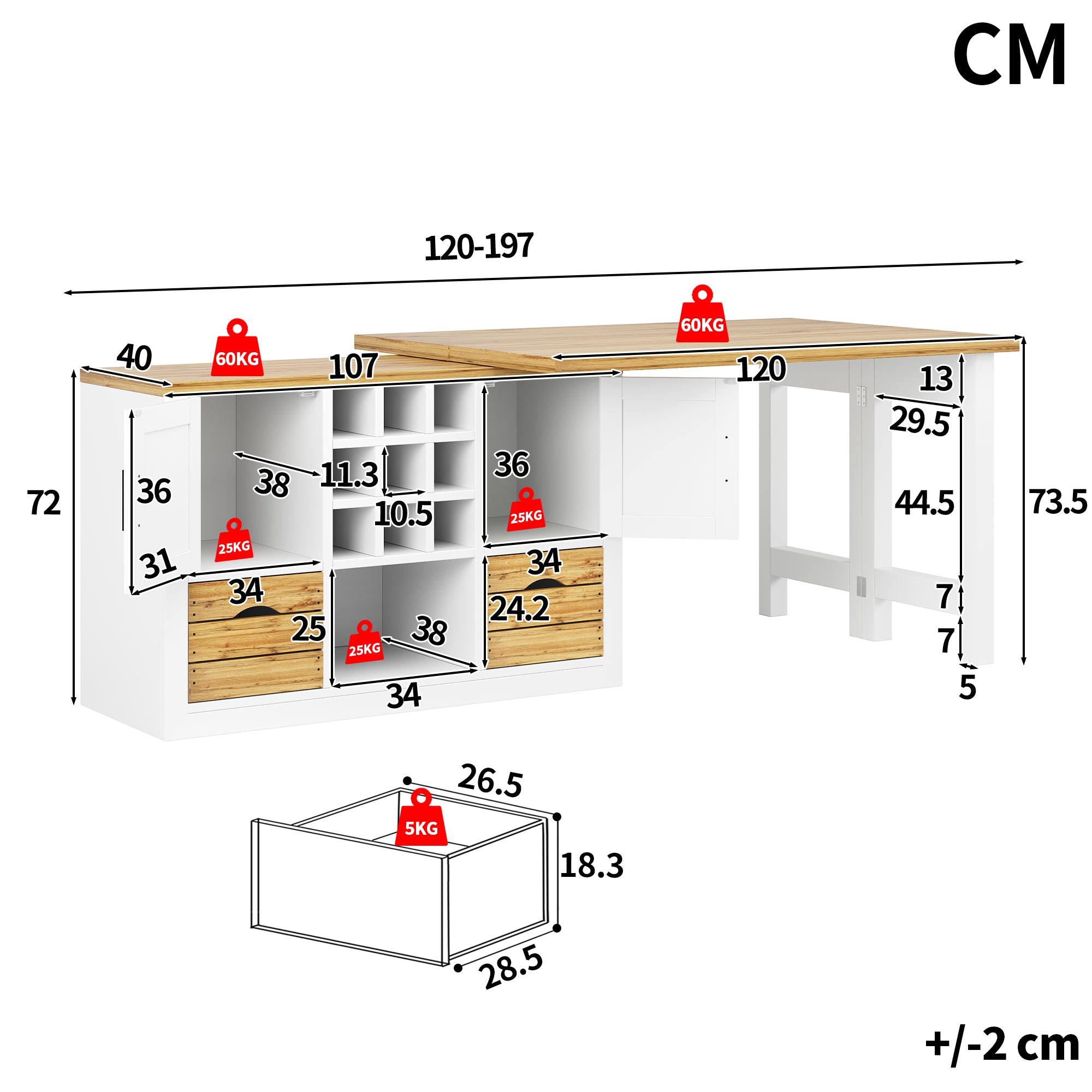 Extendable kitchen island dining table, Multifunctional dining table with sideboard, 360° rotating tabletop, extendable kitchen table with ample storage space, living room wall unit, white