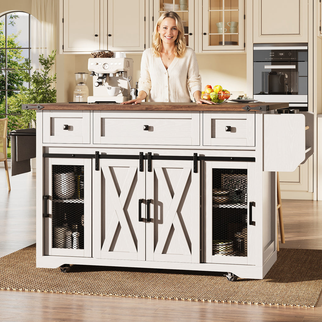 Kitchen island trolley with extendable worktop and power connection, 91cm working height, white/black, load capacity up to 75kg