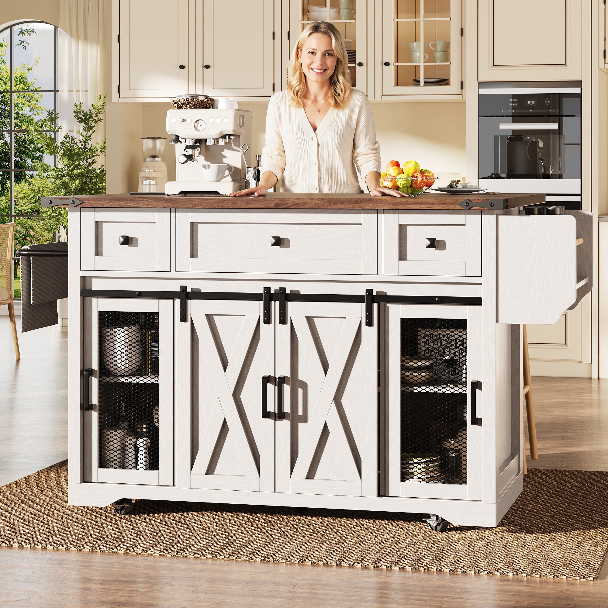 Kitchen island trolley with extendable worktop and power connection, 91cm working height, white/black, load capacity up to 75kg