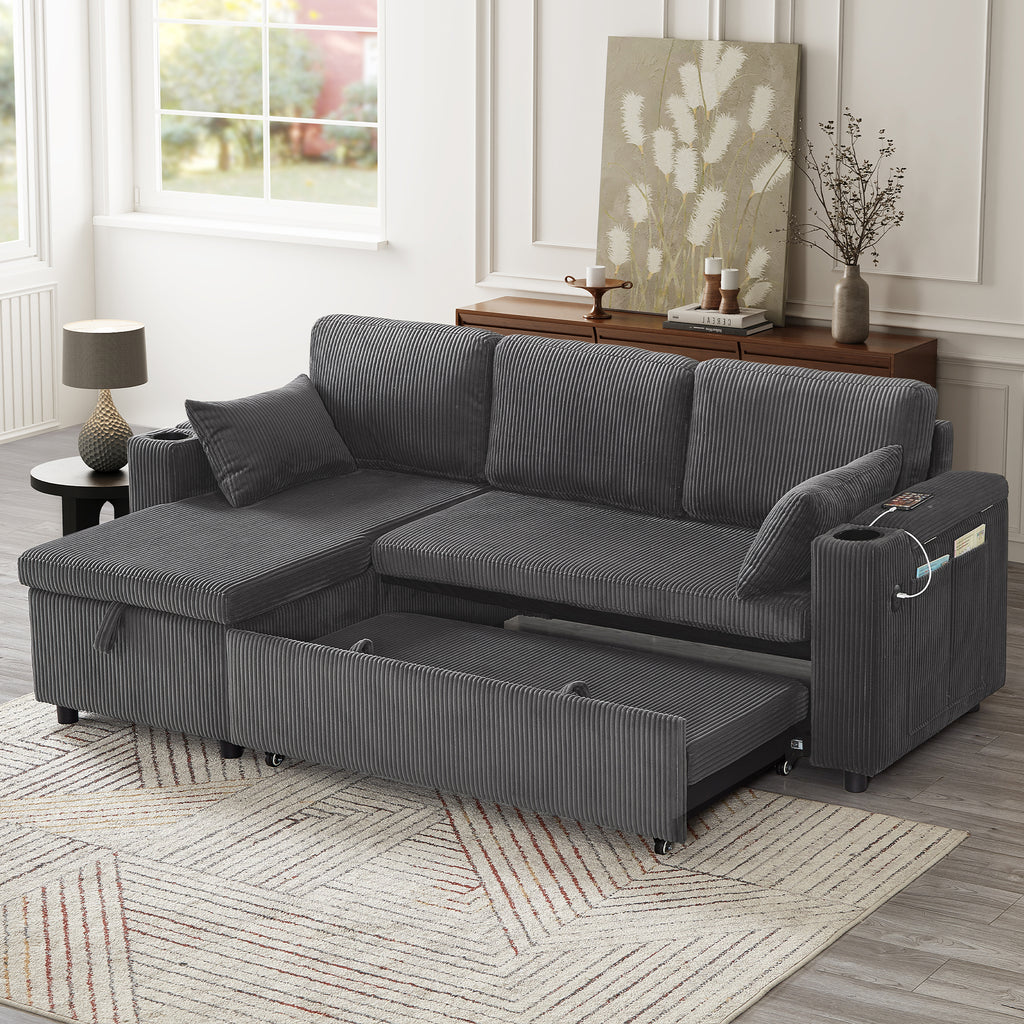 3 in 1 Convertible Corduroy Sofa Bed with Storage Chaise, L Shaped Sleeper Sofa Couches with Armrest Storage and Charging Station. Pullout Sectional Daybed for Living Room/Bedroom/Office, Grey