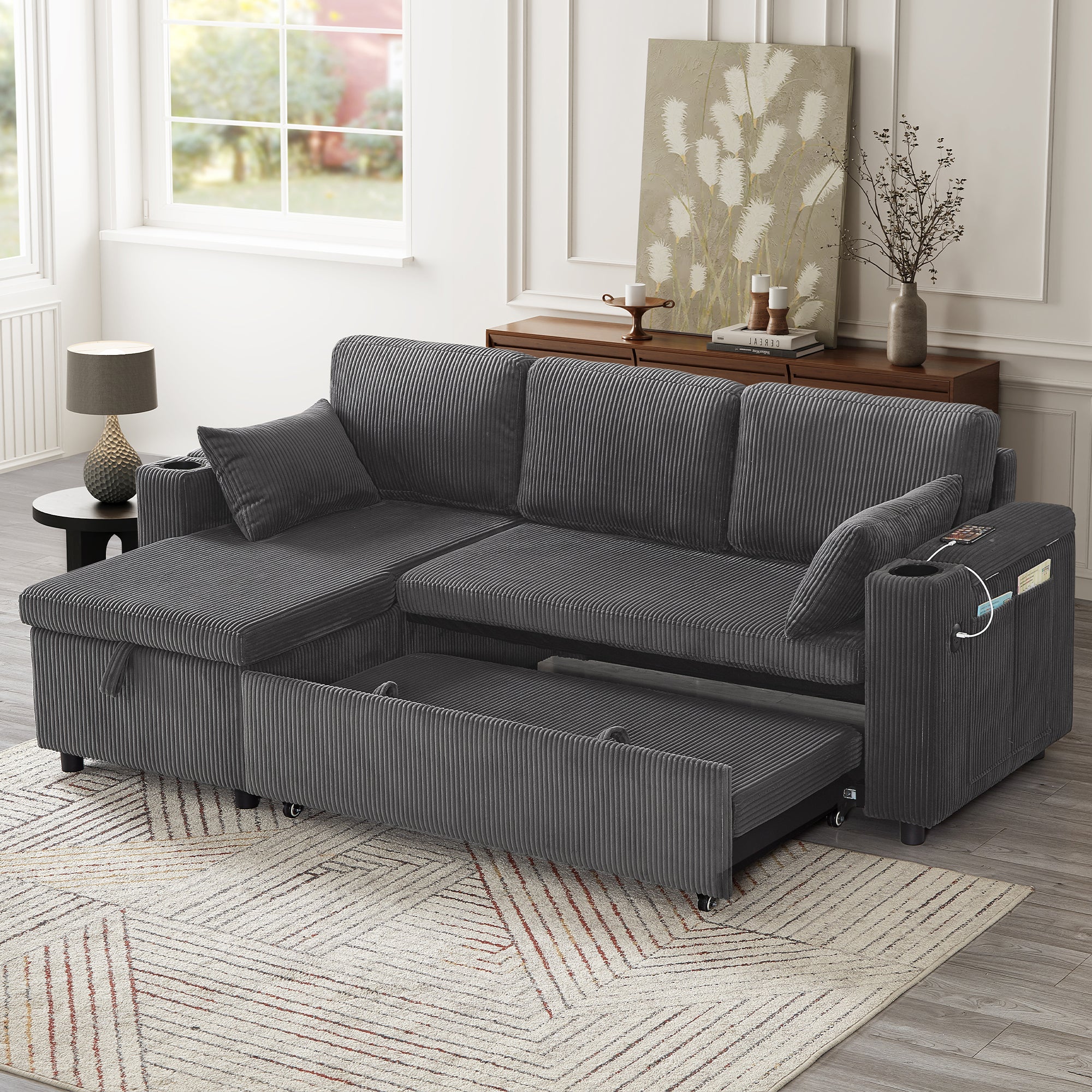 3 in 1 Convertible Corduroy Sofa Bed with Storage Chaise, L Shaped Sleeper Sofa Couches with Armrest Storage and Charging Station. Pullout Sectional Daybed for Living Room/Bedroom/Office, Grey