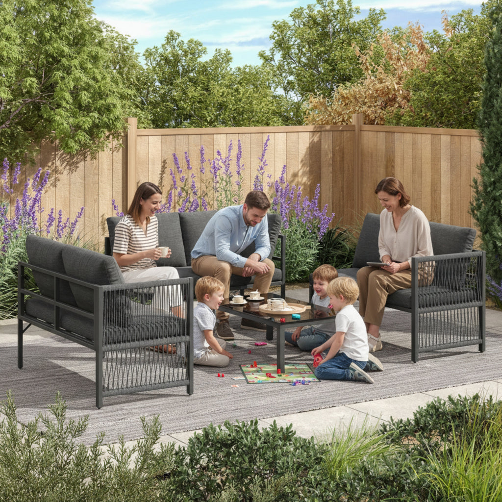 5-6 Seater Garden Furniture Set with Tempered Glass Coffee Table, L-Shaped Corner Sofa with Polyester Rope, Weatherproof Outdoor Patio Dining Lounge Set for Balcony and Terrace, Linen, Grey
