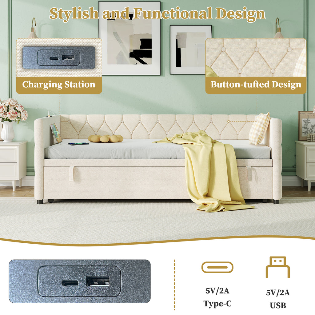 Upholstered Daybed, Sofa Bed with Charging Station, 3ft Single Button-tufted Bed with USB and Type - C Ports, Pull out Trundle Bed for Living Room/ Bedroom/ Study Room, Linen, Beige (No Mattress)