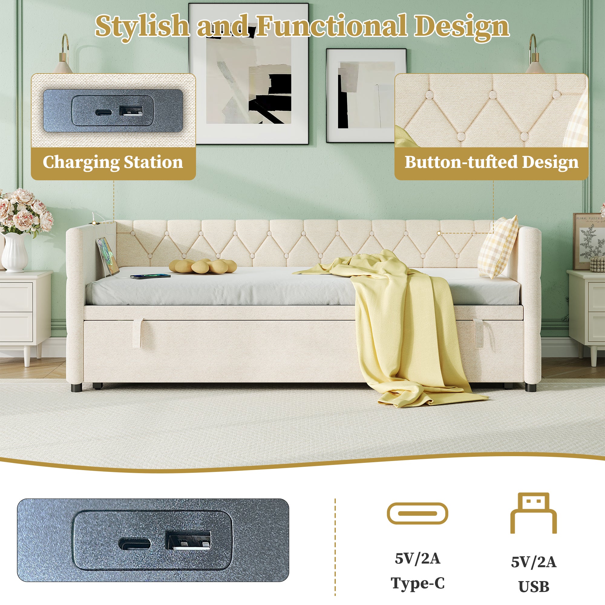 Upholstered Daybed, Sofa Bed with Charging Station, 3ft Single Button-tufted Bed with USB and Type - C Ports, Pull out Trundle Bed for Living Room/ Bedroom/ Study Room, Linen, Beige (No Mattress)