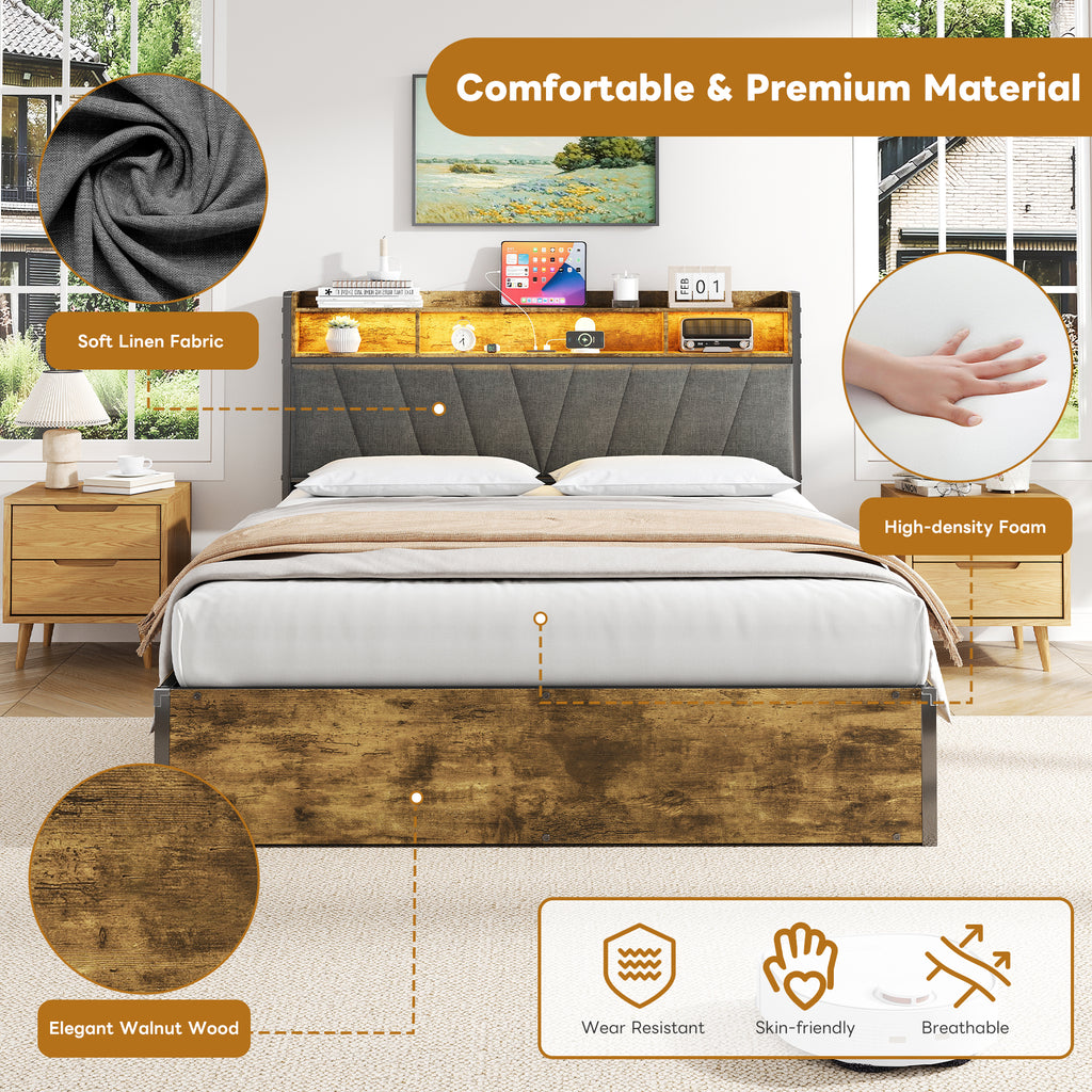 4ft6 Double Bed Frame with Hydraulic Storage, RGB LED Storage Headboard with Charging Station, USB and Type-C Ports, No Box Spring Needed, Easy Assembly, Black+Walnut (No Mattress)