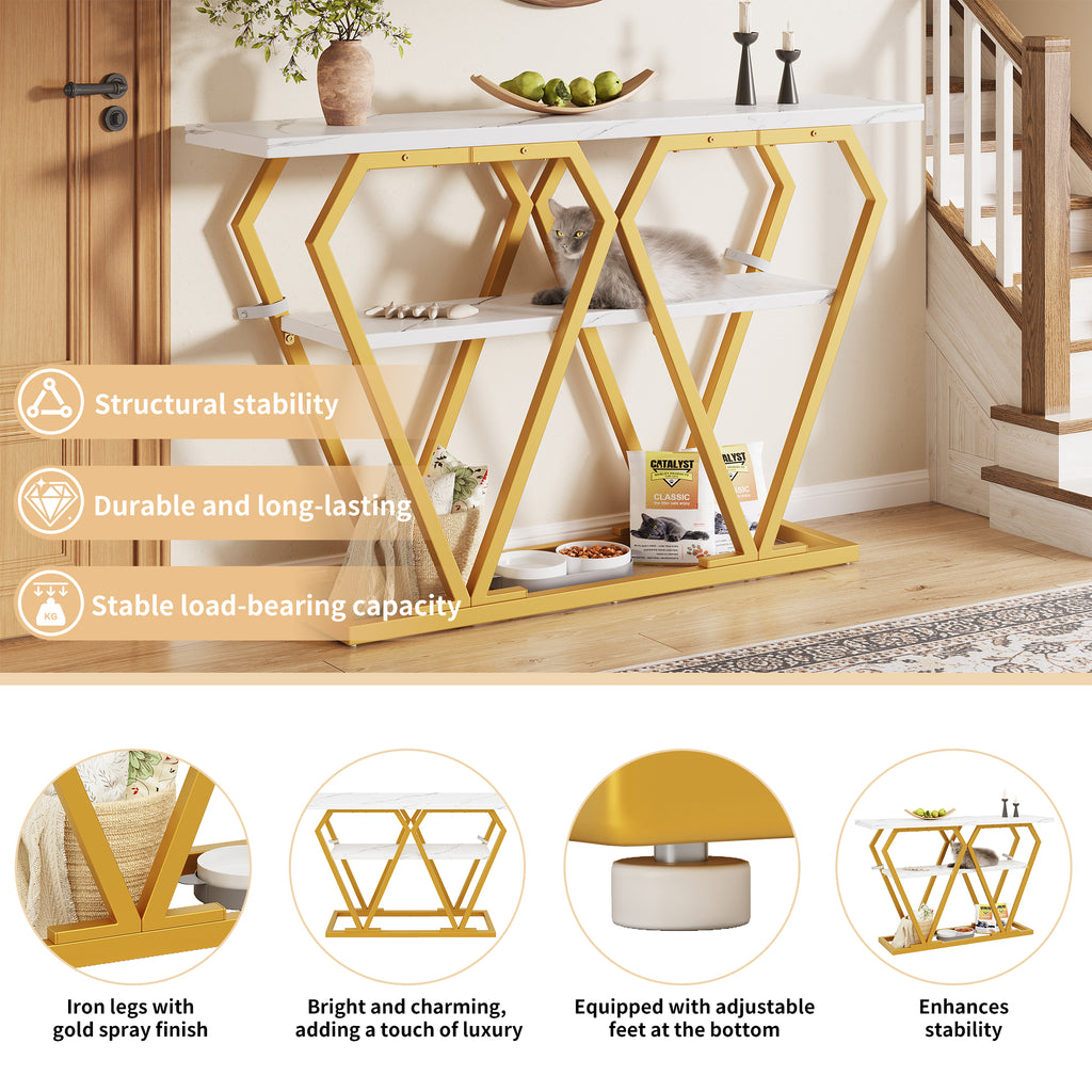 Console table (1 piece) - 120 x 29.5 x 80 cm - Dining & kitchen table, balcony table - Wooden table with marble-look top
