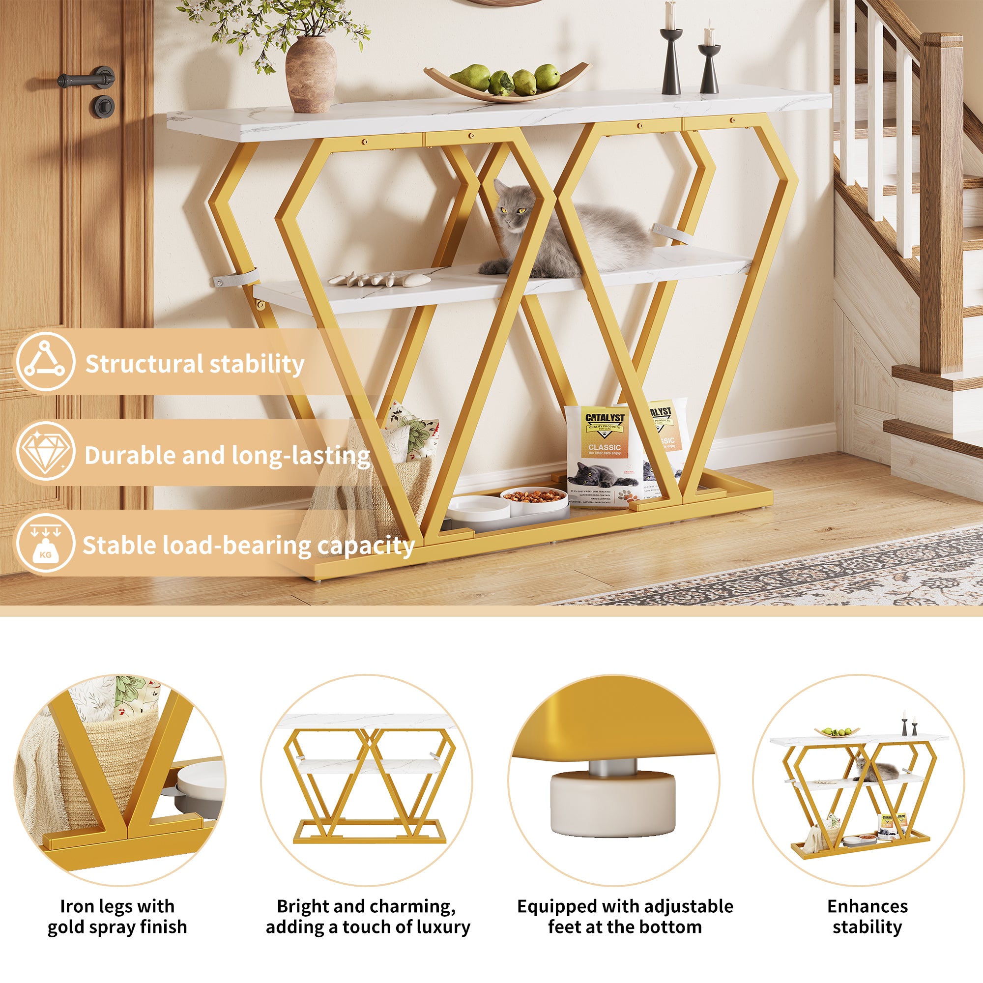 Console table (1 piece) - 120 x 29.5 x 80 cm - Dining & kitchen table, balcony table - Wooden table with marble-look top