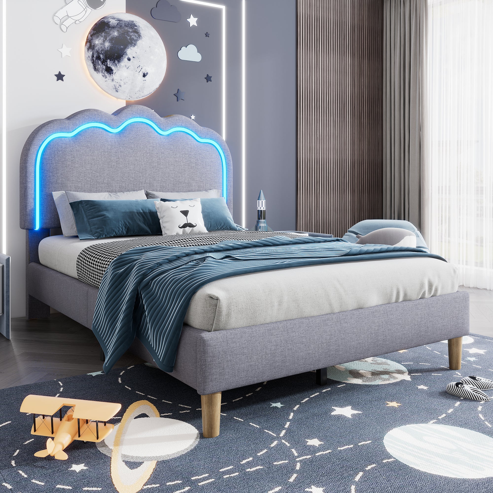 Upholstered Bed, 3ft 90x190cm Single Bed with LED, Bed Frame with Wooden Slats and Adjustable Height Headboard, Teen Bed for Bedroom and Guest Room, Grey, Linen Material, Without Mattress.