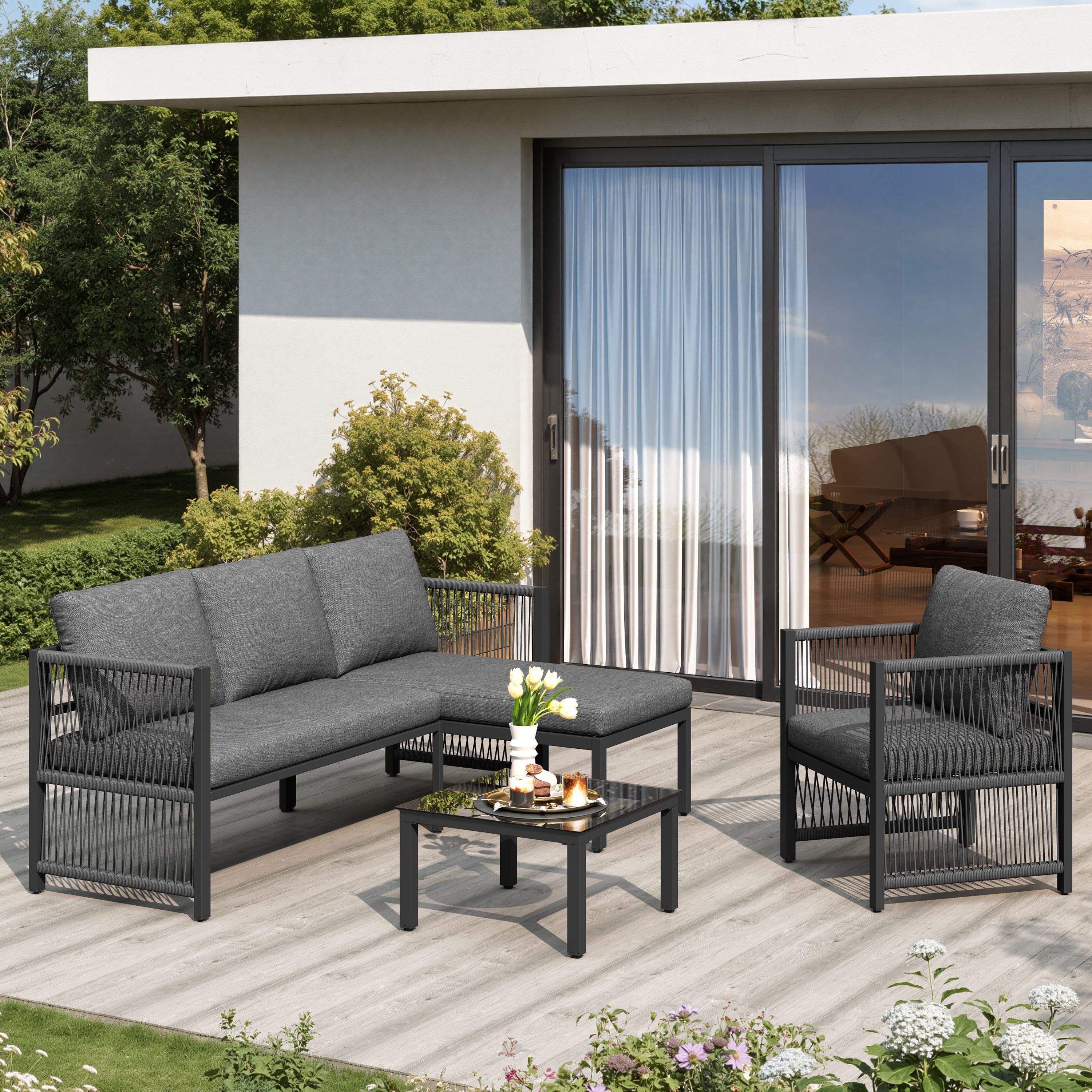 Garden Set with Tempered Glass Coffee Table, Convertible 4-5 Seater Polyester Rope Patio Set with Lounge Sofa and Armchairs, Weatherproof Outdoor Patio Corner Sofas for Balcony and Terrace, Grey