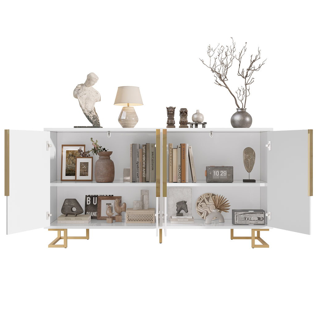 White sideboard (152 x 40 x 75 cm) features a unique geometric design and gold handles and feet for an elegant feel.