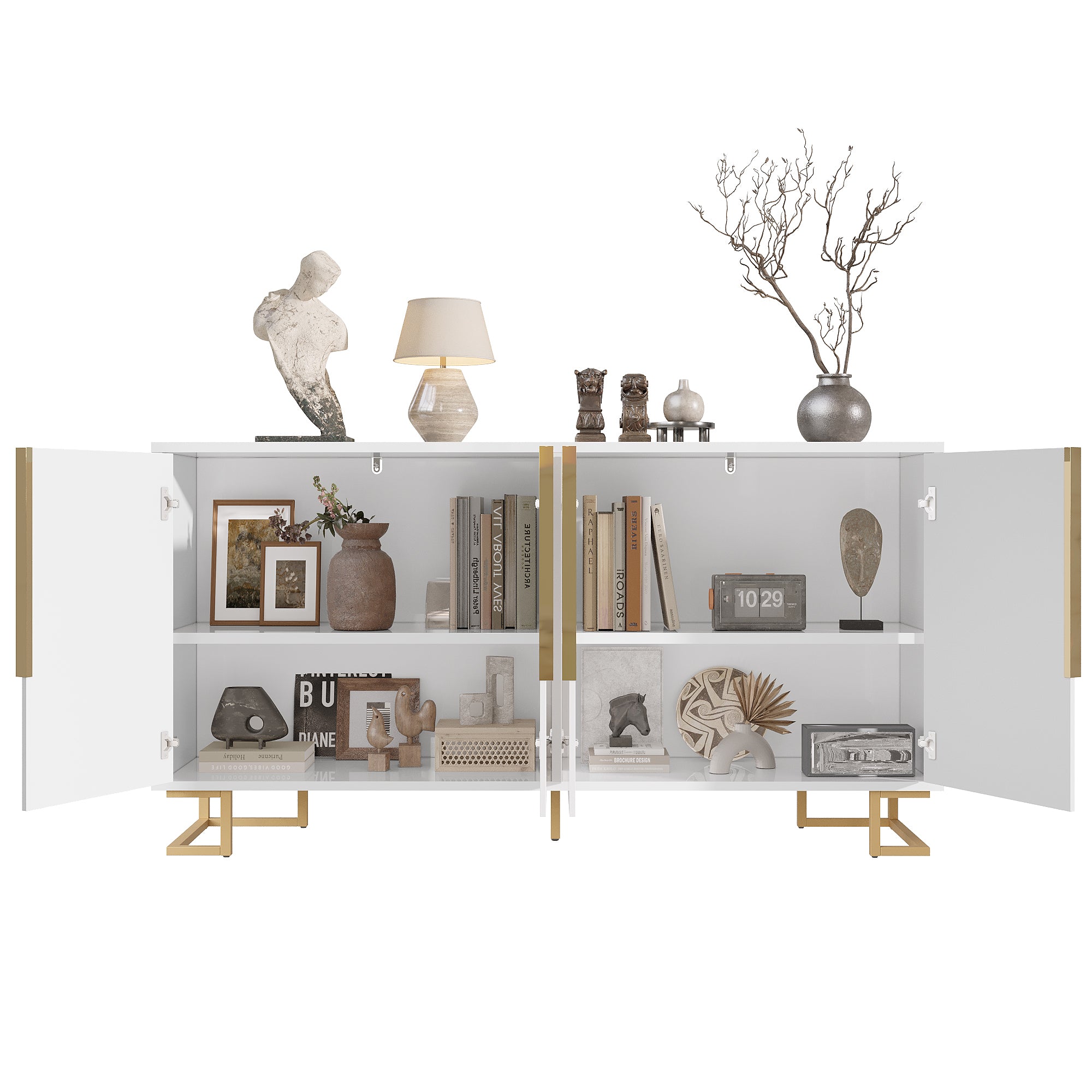 White sideboard (152 x 40 x 75 cm) features a unique geometric design and gold handles and feet for an elegant feel.