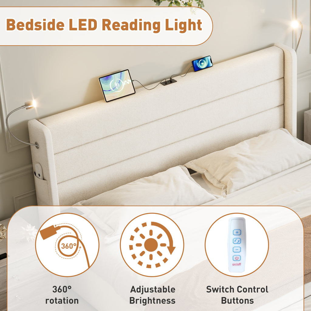 King Upholstered Bed with Charging Station, Linen Hydraulic Storage Bed with Adjustable LED Reading Light, 5ft Double Bed with USB and Type - C Ports, Beige (No Mattress)